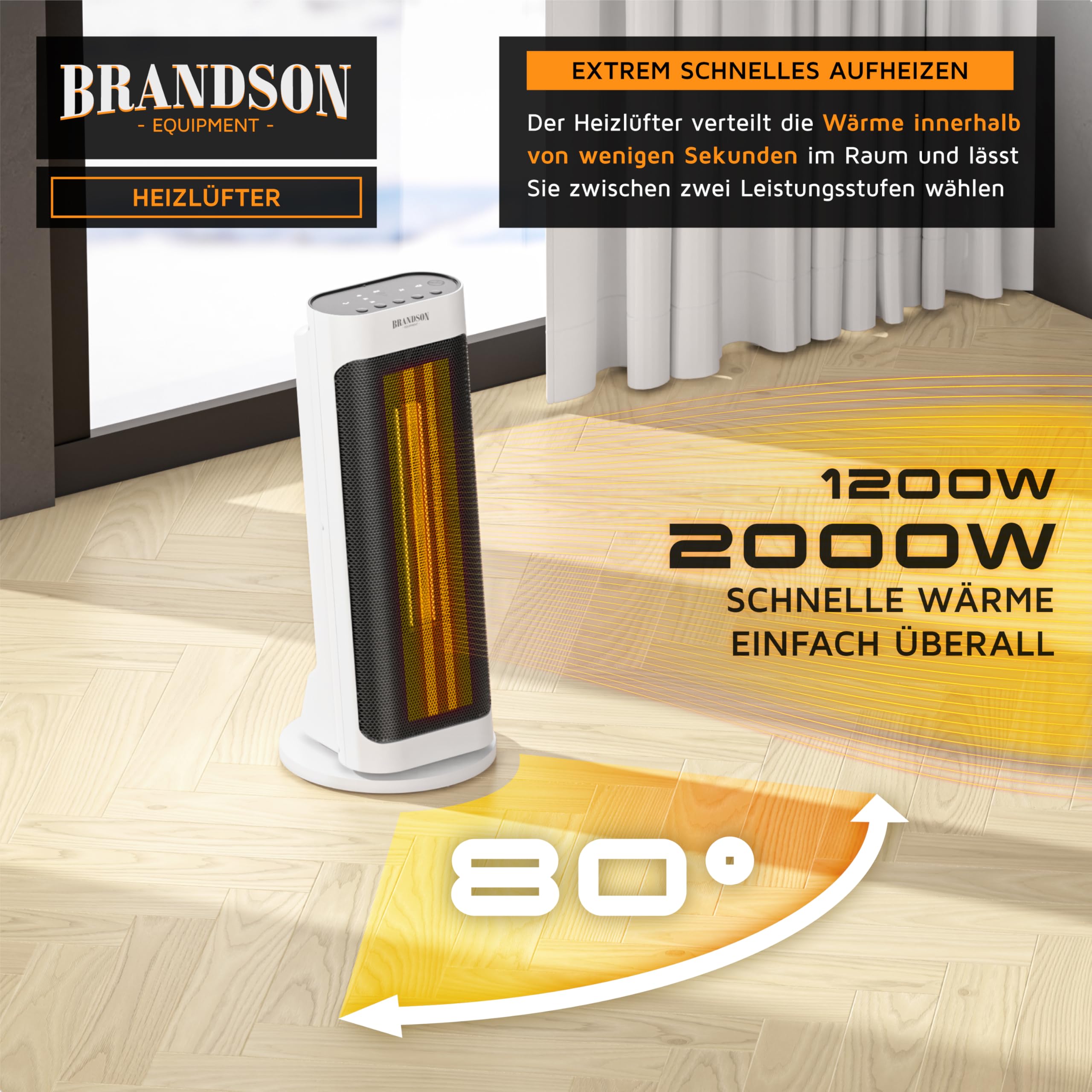 Brandson - Heizlüfter energiesparend leise - elektrischer Keramik Heizstrahler - Elektroheizung mit Fernbedienung - Oszillation - Überhitzungsschutz - Thermostat - Badezimmer Schlafzimmer Wohnzimmer
