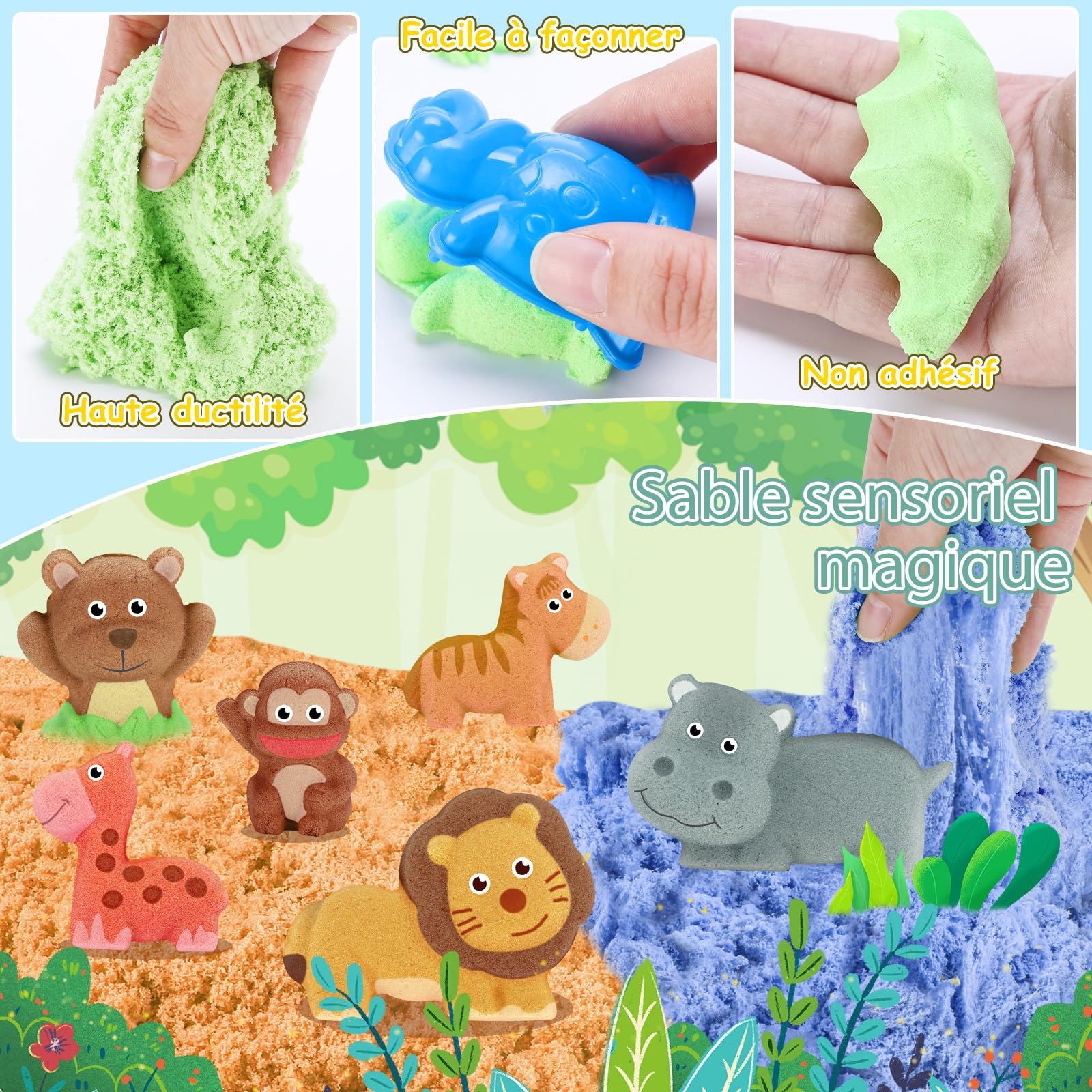VBACALA Bac à Sable Magique Pour Enfants, Bac àSable Magique Pliable Avec 796g De sable, Moules à SablePour Animaux Sauvages, Pour Filles Et Garçons Cadeau De Jouet De able Pour Enfants 3 4 5
