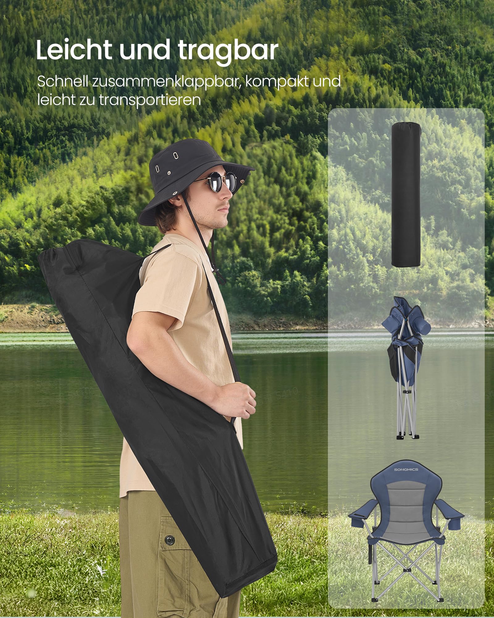 SONGMICS Campingstuhl, klappbar, Klappstuhl, breiter Sitz, hohe Rückenlehne, Outdoor-Stuhl, tragbar, Outdoor-Stuhl, mit Getränkehalter, Handyhalter, Stoff-Organizer, blau-grau GCB005QE01