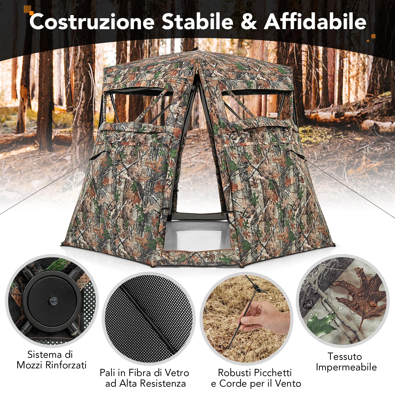 COSTWAY Tenda Mimetica per Caccia, 2-3 Persone, Visione a 360°, Camouflage, 249 x 211 x 175 cm