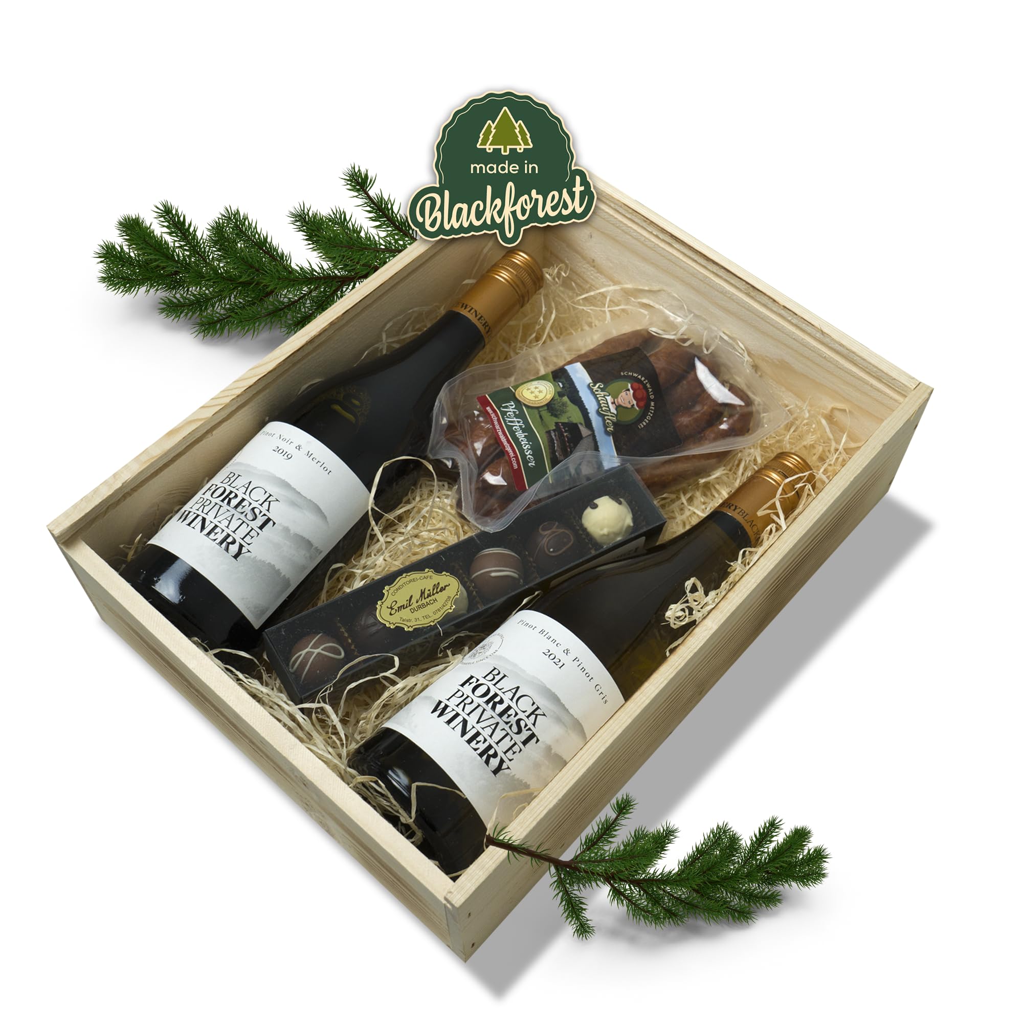 Schwarzwald Metzgerei Schaufler Badische Weinkiste - Rot- und Weißwein mit Pralinen und Knabberwurst-Pfefferbeisser 4-teilig