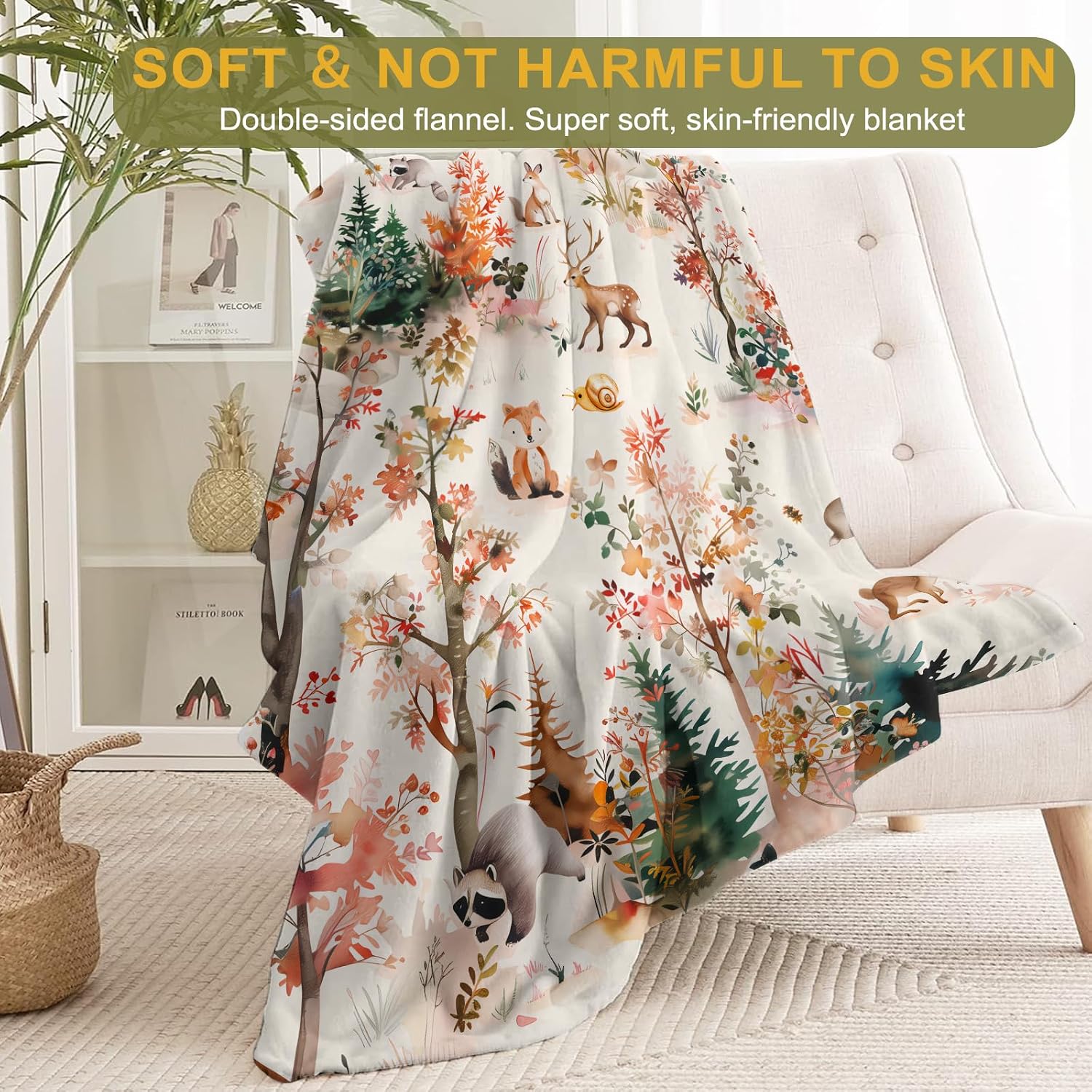 Forest Animal Flannel Blanket - Whimsical Woodland Autumn Trees Throw,Gifts for Kids & Nature Lovers, Ultra Soft & Warm,Lightweight, for Couch Bedroom Living Room Decor & Travel 50x60in