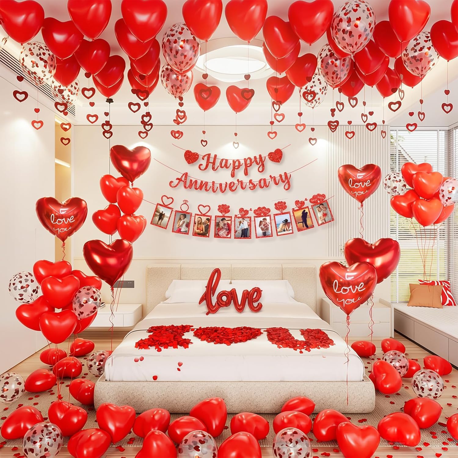 Happy Anniversary Balloons Decorations,Valentines Day Decorations,Happy Anniversary Banner Red Heart Balloons Hanging String Rose Petals for Wedding Lover Courtship