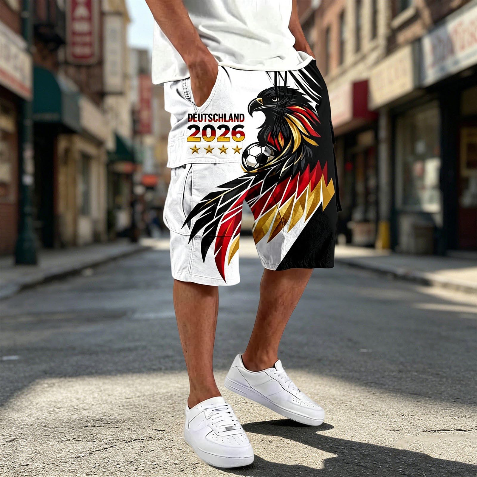Herren Cargo Shorts mit Adler und 4 Stern Deutschland Flagge Retro Kurze Hosen WM 2026 Fußball Sportshorts Elastische Bund Cargoshorts Freizeithose Deutschland-Symbol Arbeitshose