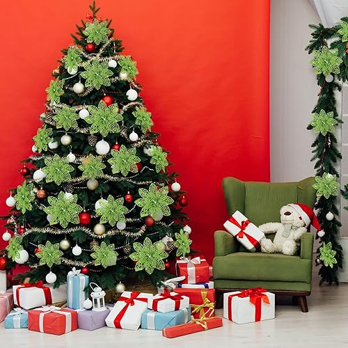 Vista 93 de 24 piezas de adorno de árbol de Navidad de Nochebuena con brillantina. Adorno de decoración de flores de Navidad. 3, 4 y 6 pulgadas / 7.62, 10.16