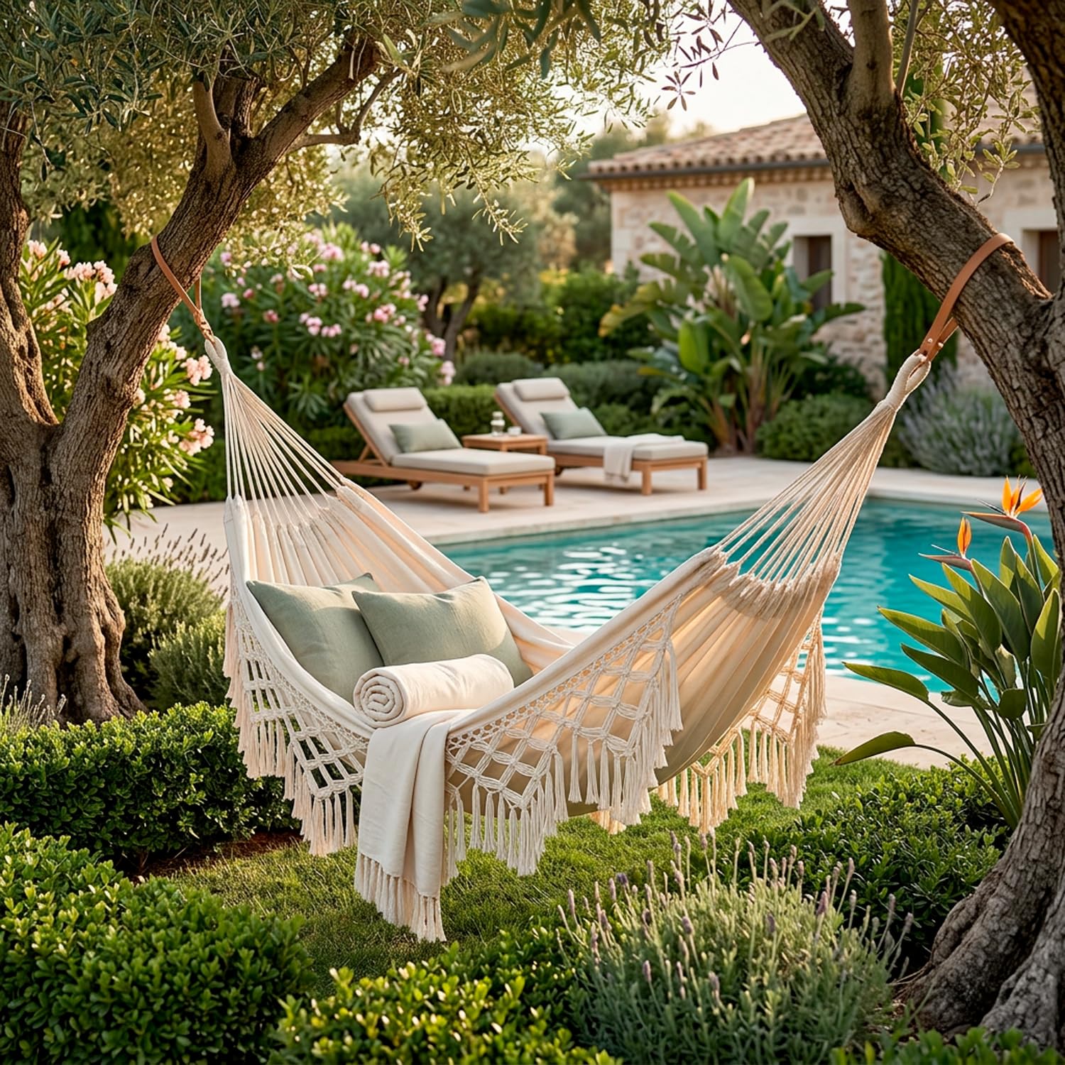 Amaca Matrimoniale Da Giardino Terrazzo Campeggio E Piscina In Cotone E Poliestere Con Frange Decorative Per Relax Outdoor Boho Chic Portata 250 Kg 240 x 150 Cm Beige