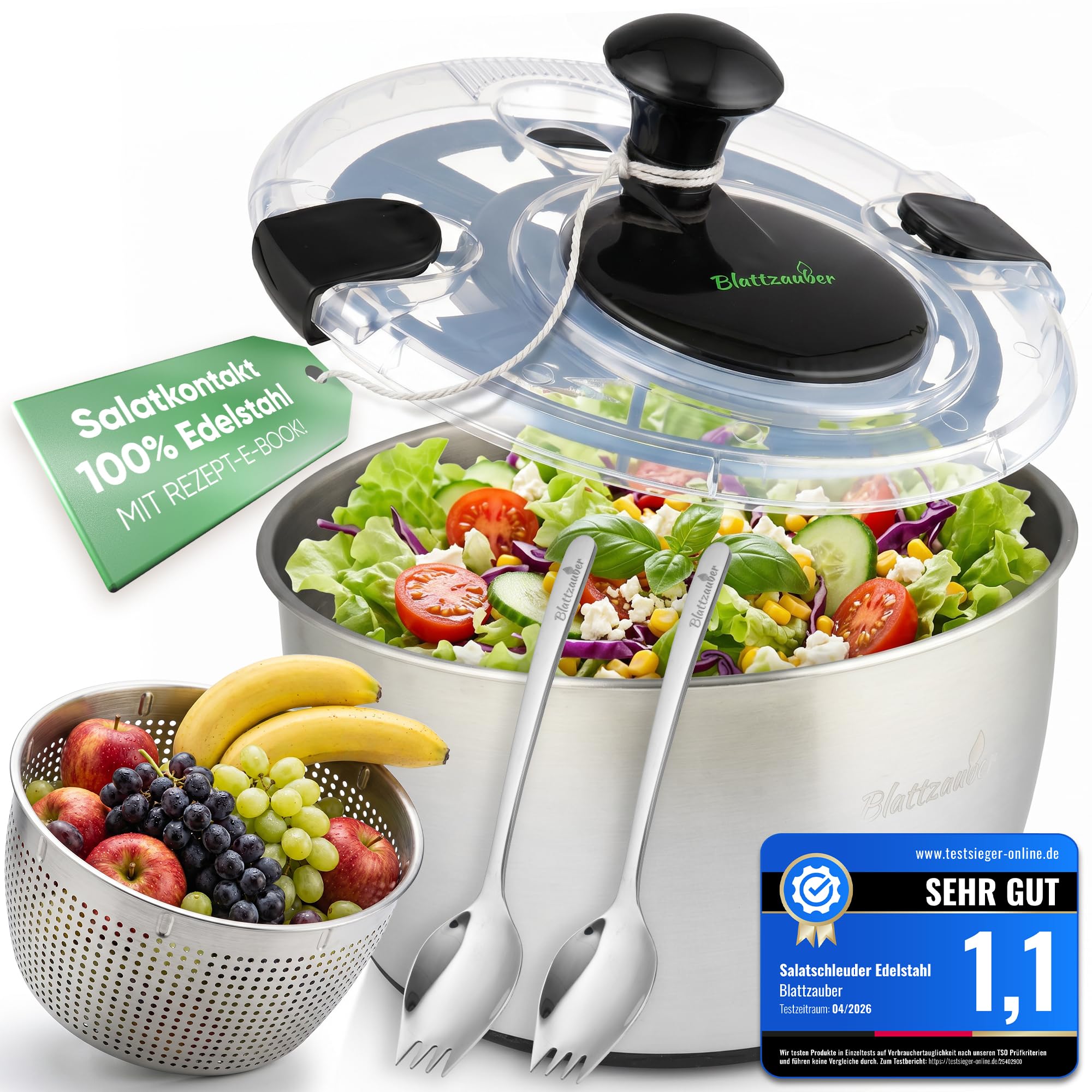 Salatschleuder Edelstahl 5 Liter Komplettset mit Deckel BPA-frei 2 Salatlöffel und Rezept Ebook Schleudern ohne Plastik für Gemüse und Kräuter