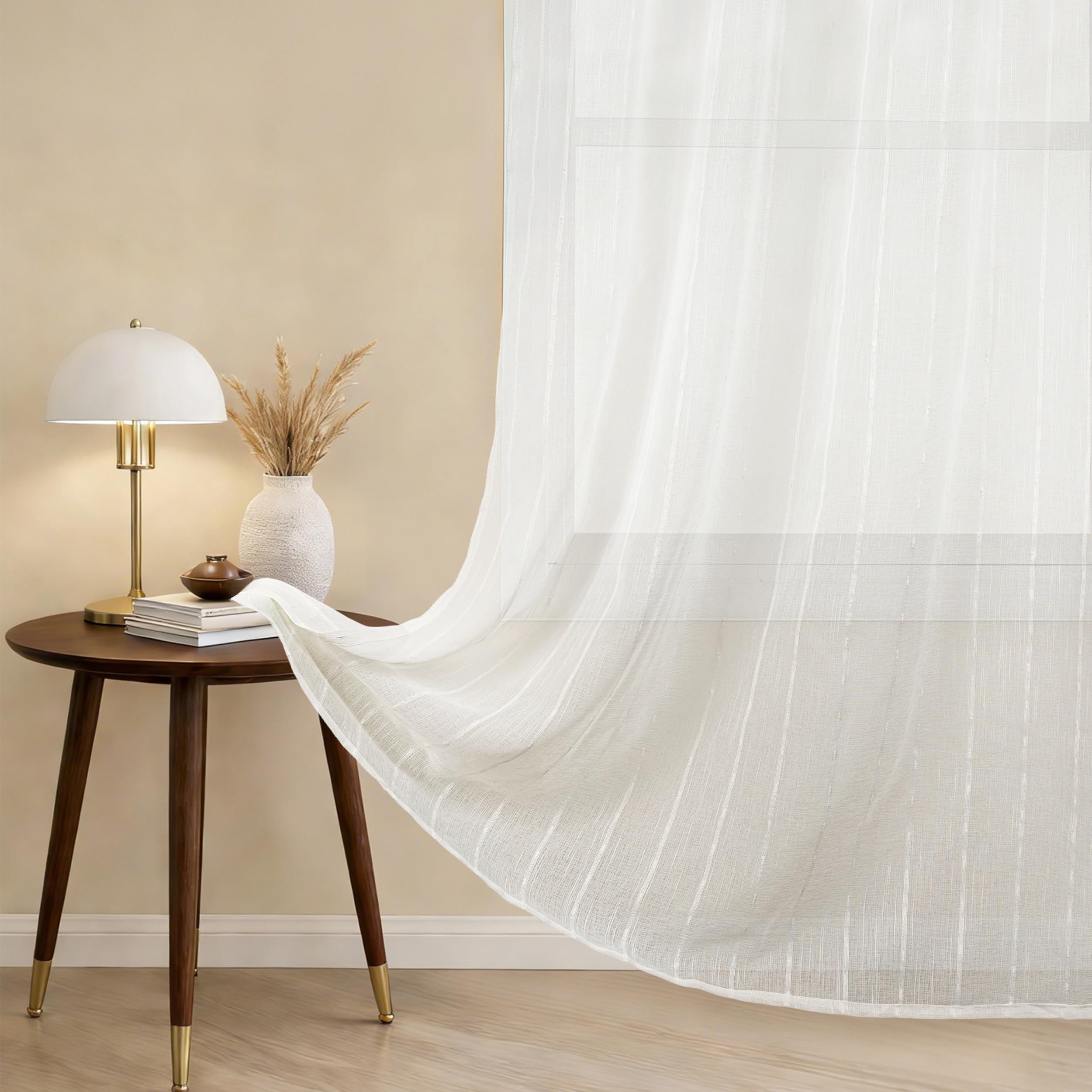 Creamy White Semi Sheer Curtains 52 x 84 Inches Long 2 Panels, Striped Sheer Curtains for Living Room Bedroom, Textured Voile Sheer Boho Light Filtering Farmhouse Grommet Curtain