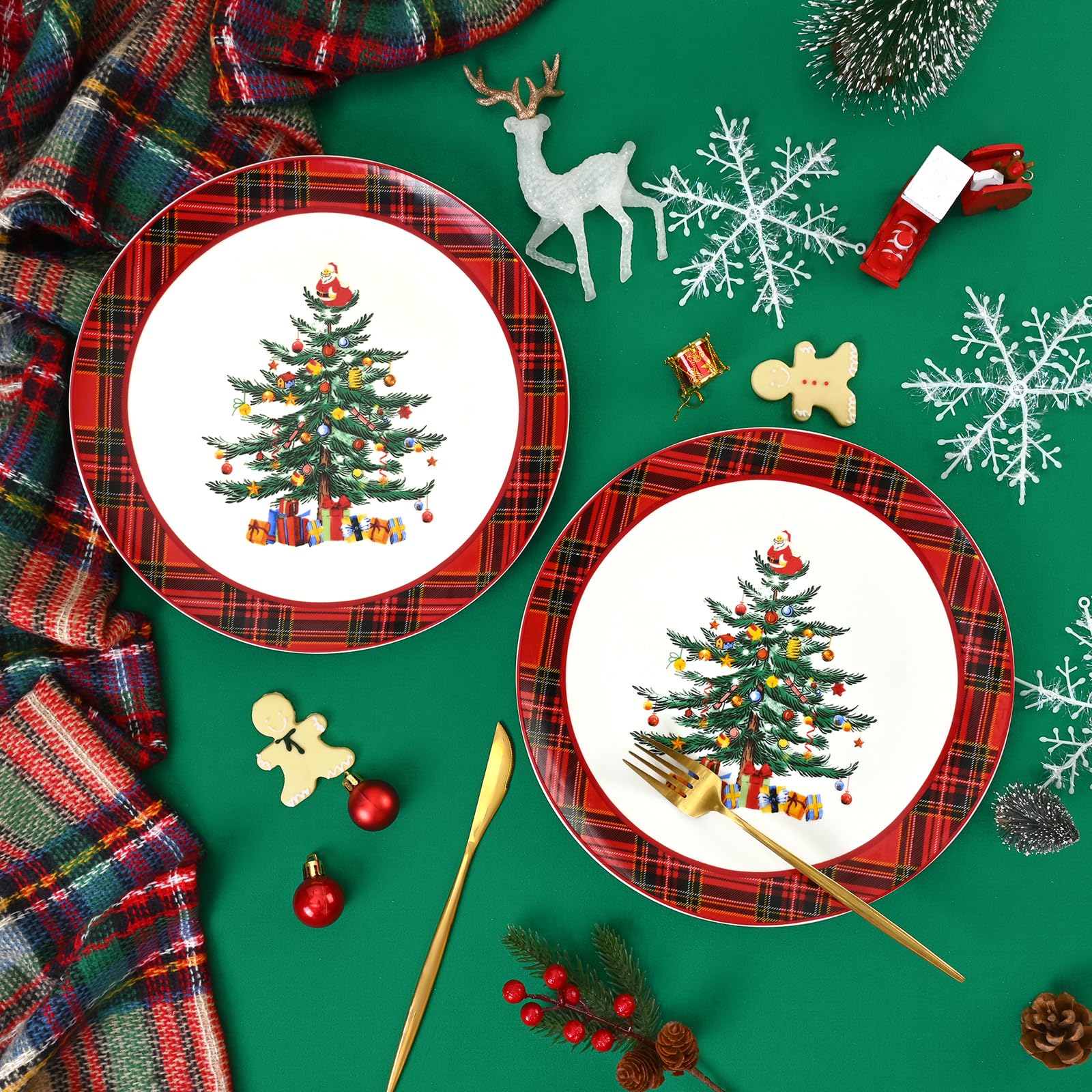 Homlouue Christmas Tree Dinner Plates, Christmas Plates Set of 4, Ceramic Christmas Plates, Dinner, Dessert, Salad, Pasta and Appetizer Plates, Christmas Tree and Santa Plates, Red Plaid, 10.5''