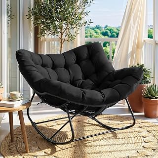 LIFERUN Schaukelstuhl mit Rattan, Ei-Schaukelstuhl, Belastung 150 kg | Schaukelsessel Oversized, mit dickem Abnehmbar Polster, Metallrahmen, Loungesessel für Garten Balkon Wohnzimmer, Schwarz
