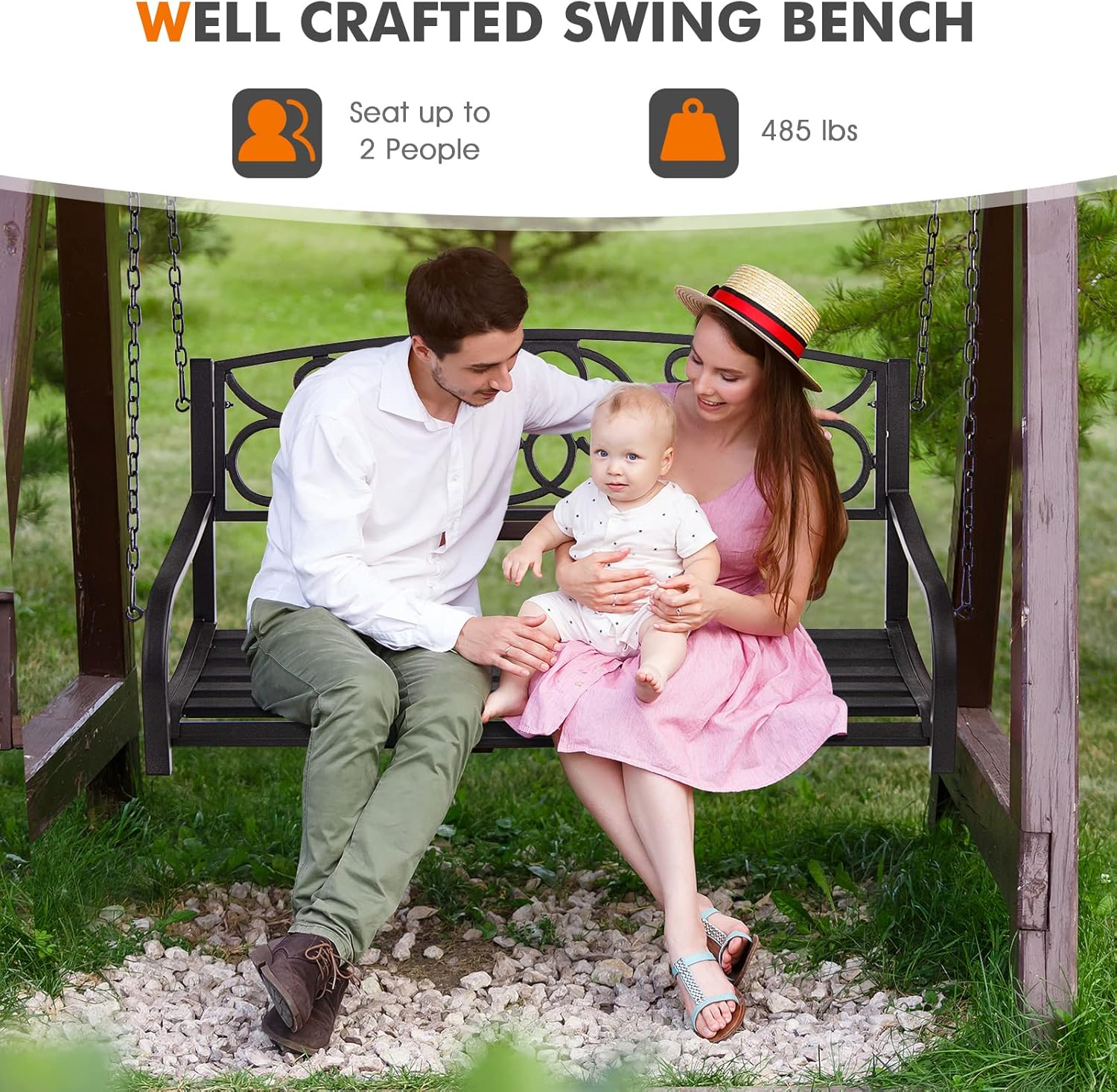 Tangkula 2 Person Hanging Porch Swing, Patio Swing Bench with Chains, Backrest & Armrests, Classic Outdoor Metal Swing Chair for Garden, Deck, Backyard (Brown)