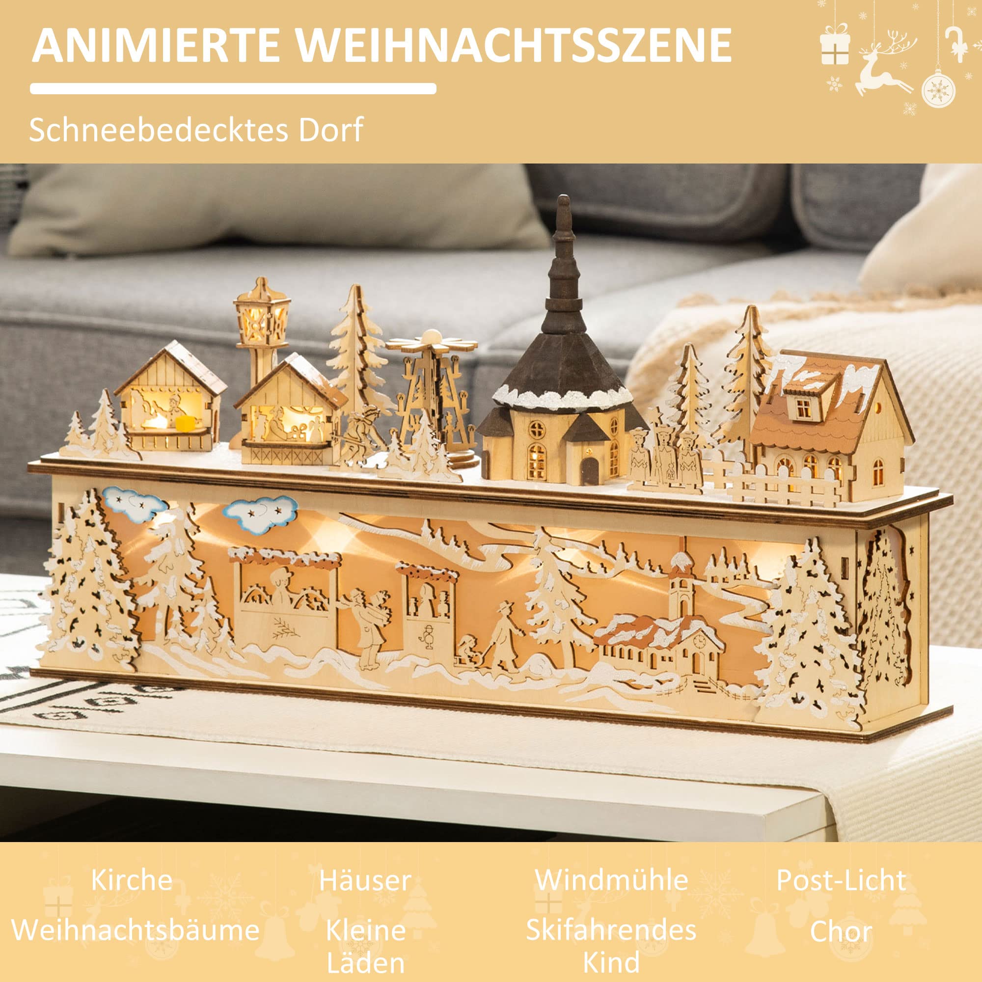 HOMCOM Weihnachtsdorf mit LED Beleuchtung Winterdorf Innen Beleuchtet | Holz, Weihnachtsdeko, Weihnachtsstadt, Weihnachtshaus, Deko, Tischdeko