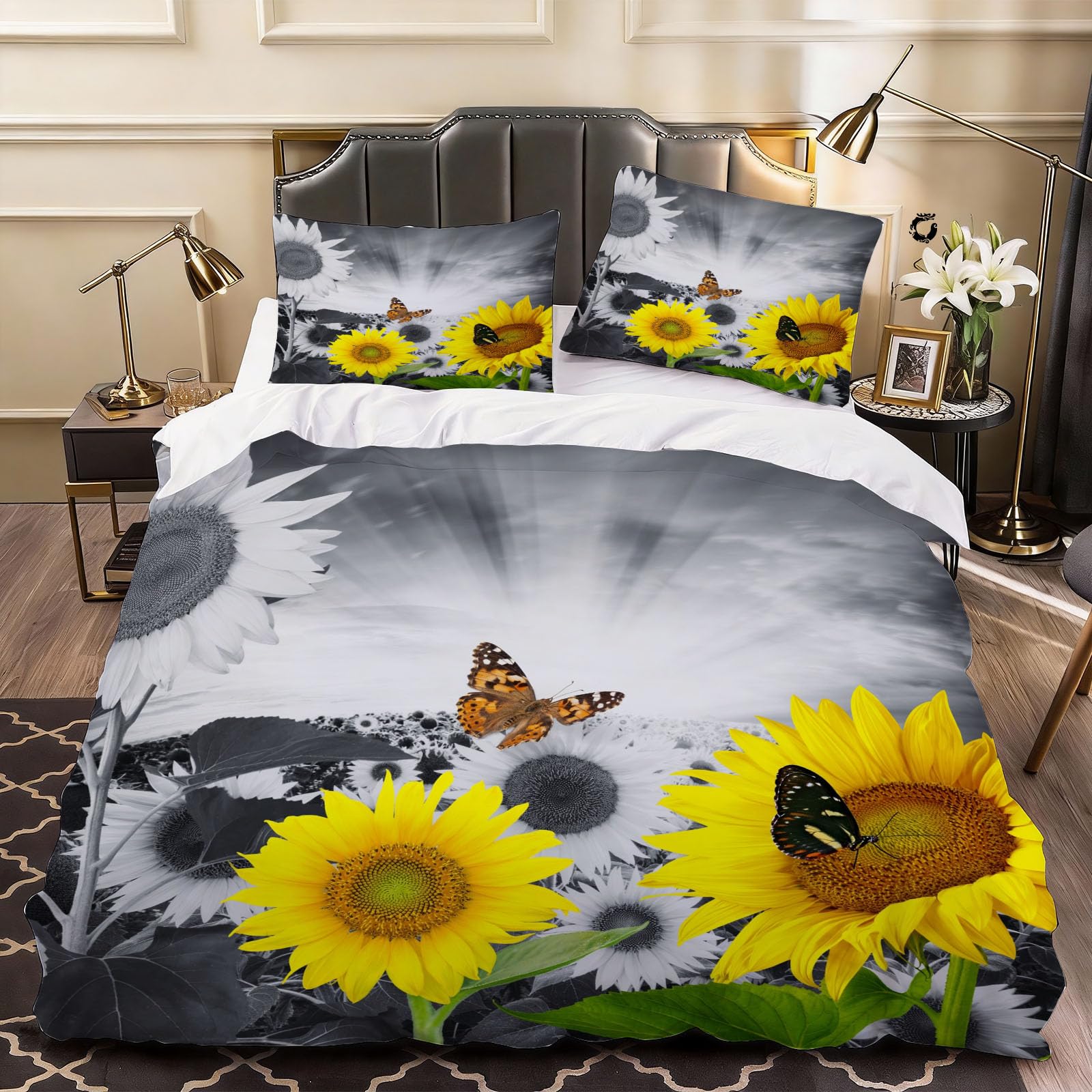 3D Butterfly Sunflower Duvet Cover Blossom Flowers Bedding Double Bed Set, Soft Microfiber Comforter Cover Printed with Zipper Closure Quilt Coverr 200x200 cm and 2 Pillowcases