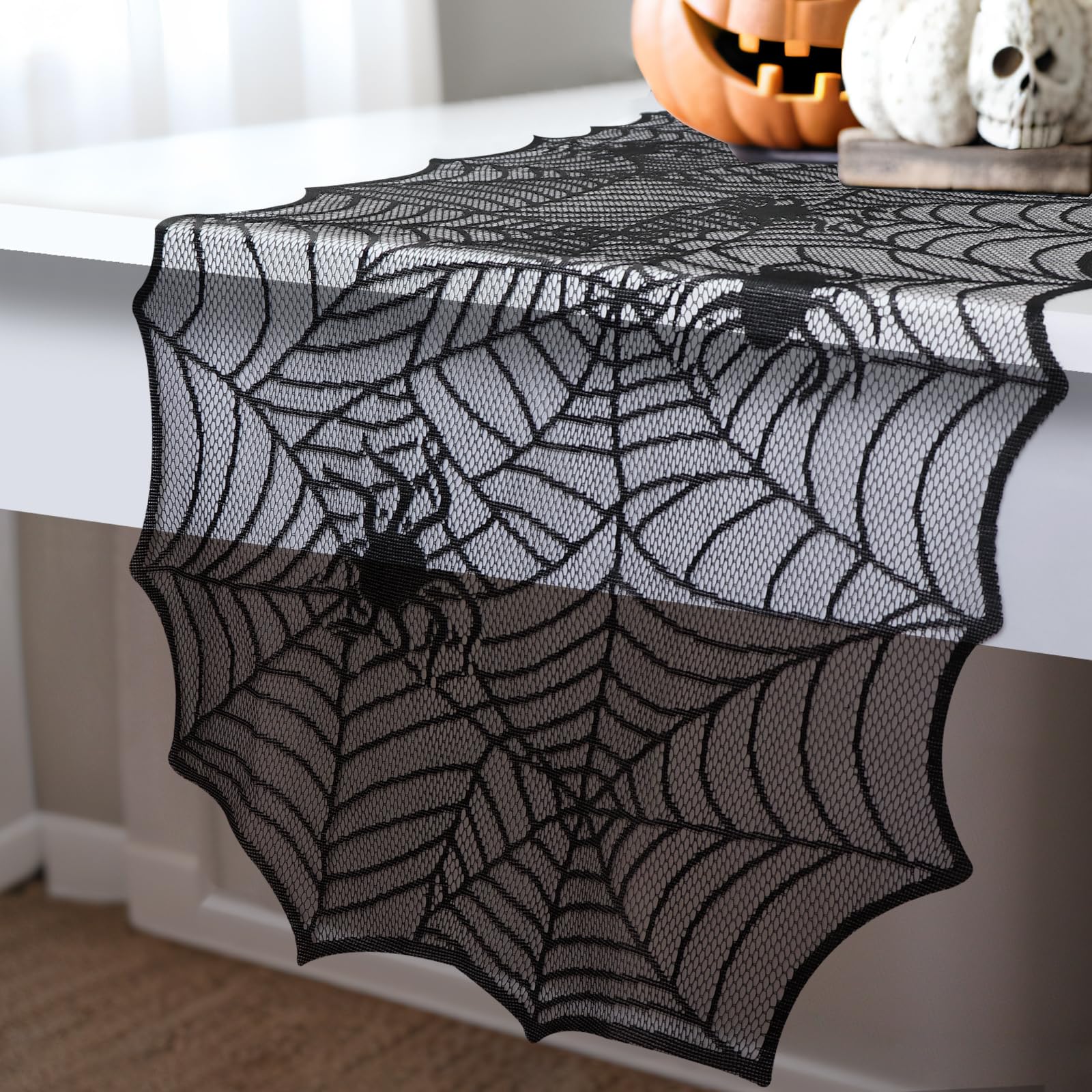 Halloween Table Runner 45x183cm, Halloween Black Lace Tablecloth Spiderweb