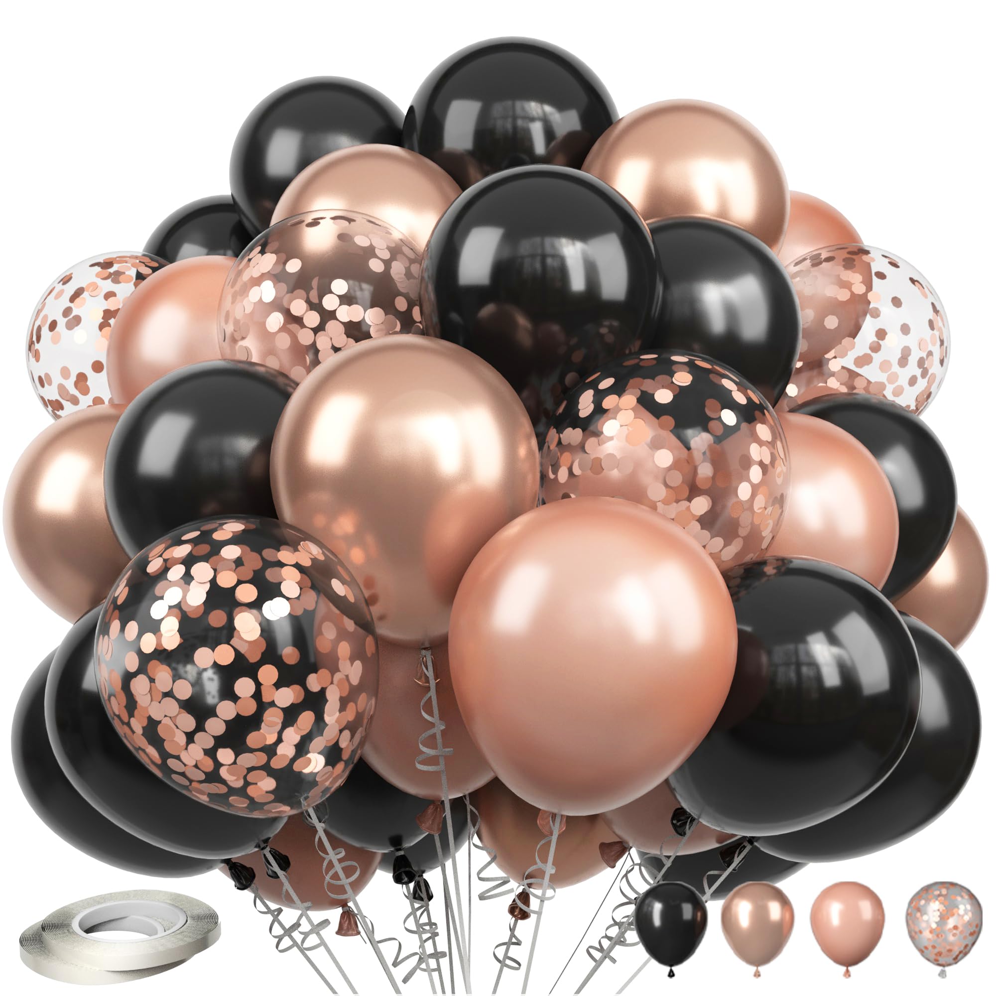 Rose Gold Black Balloons, 60 Pcs 12 Inch Metallic Rose Gold Black Pearl Rose Gold Confetti Latex Balloons for Women Girls Birthday Party Wedding Bridal Shower Graduation Decorations