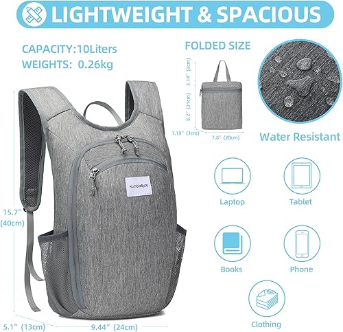 Miniatura 2 de Bolsa de senderismo ligera de 10L Mochila pequeña Mochila de senderismo Bolsa plegable al aire libre para mujeres hombres (gris)
