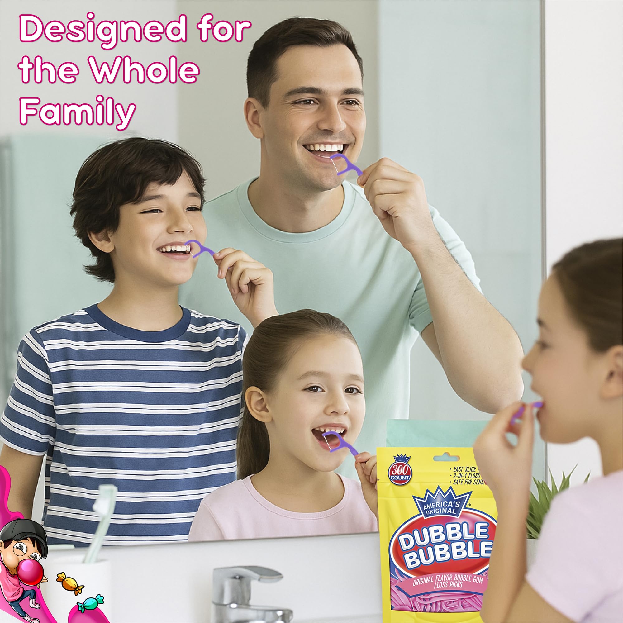 Flavored Floss Picks, 300 Count, Dental Floss Picks for Teeth with Fun Fruit Flavors, Flosser Picks for Adults and Children, | Bubble Gum Flavor