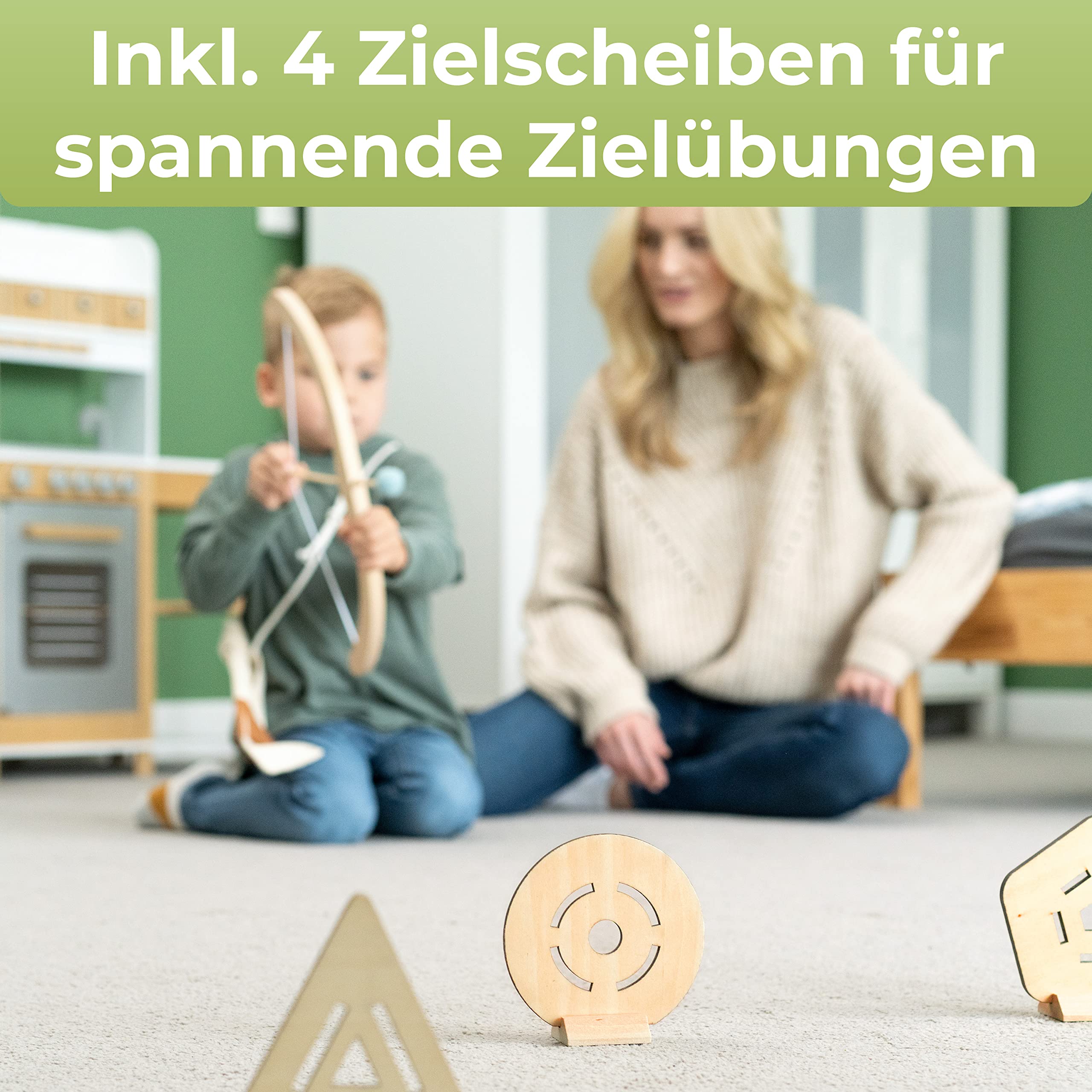 BOWRILLA® Pfeil und Bogen Kinder Holzspielzeug mit 5 Pfeilen, 4 Zielscheiben und Pfeiltasche | Bogenschießen Kinder Innen- und Outdoor Spielzeug ab 3 Jahre | Für Rechts- und Linkshänder geeignet