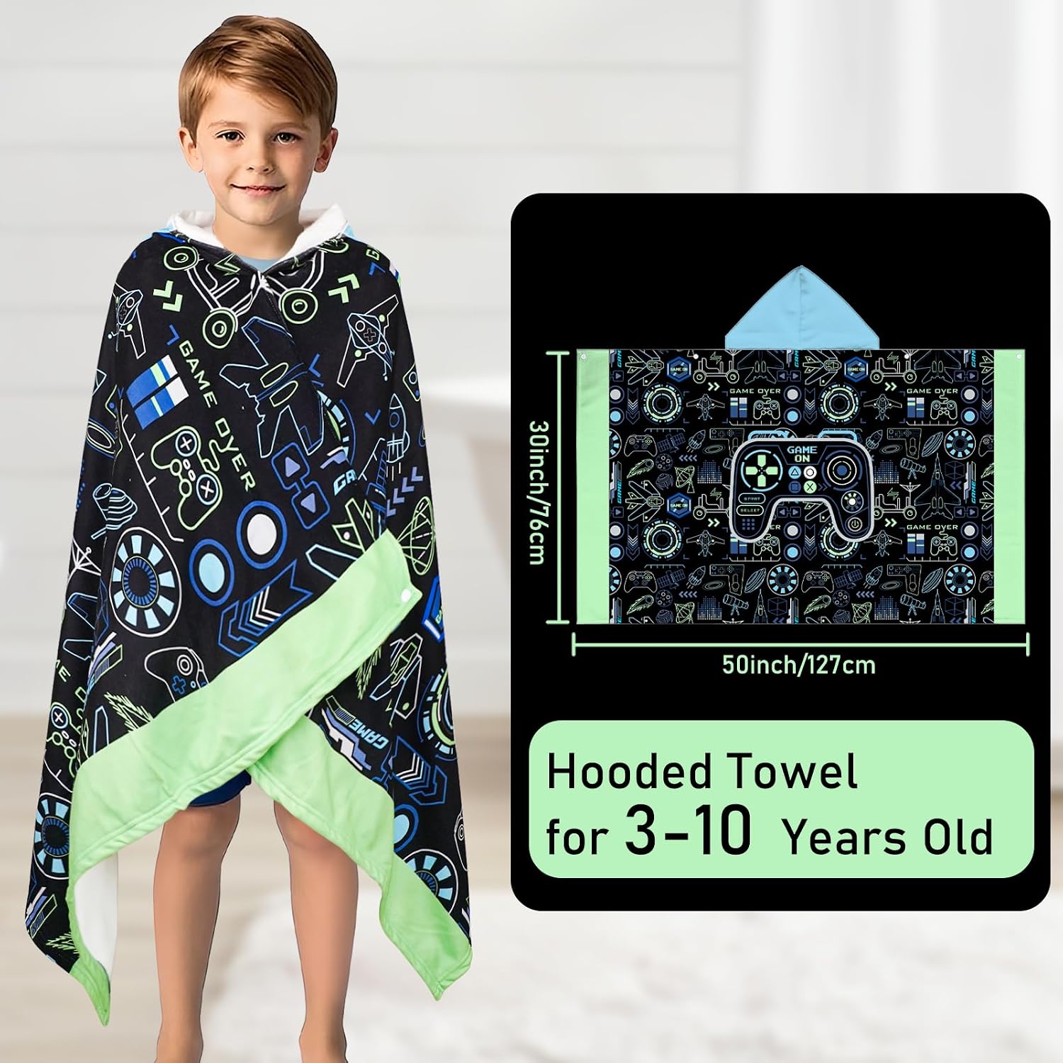 Hooded Towels for Kids Game 50" x 30" Toddler Bath Beach Towel Poncho with Hood Super Soft and Absorbent 100% Microfiber for Boys Ages 3-10