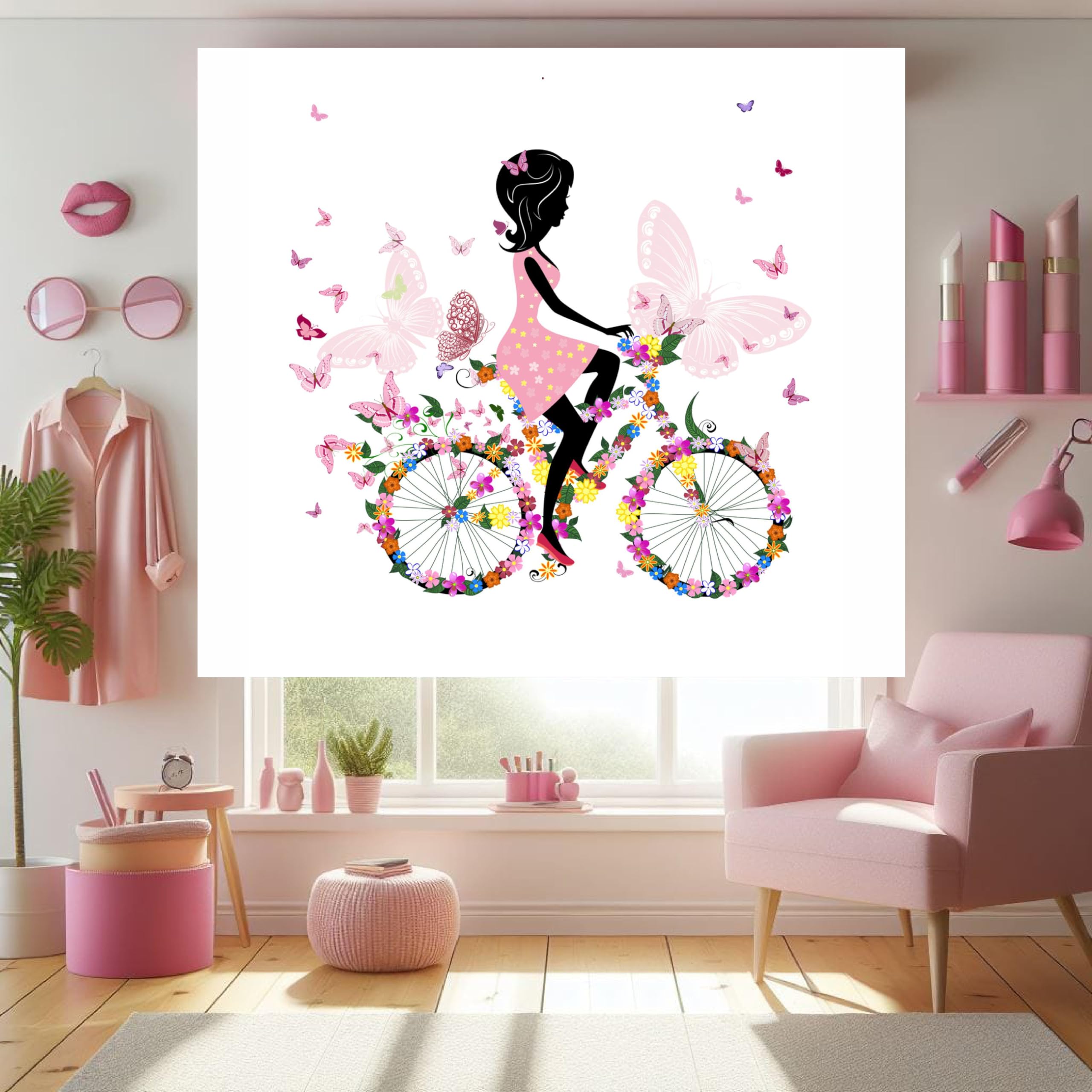 Estor Enrollable Juvenil o Infantil para Chicas “Bicicleta y Mariposas” – Tejido Translúcido Premium, Hecho a Mano en España (40x60)