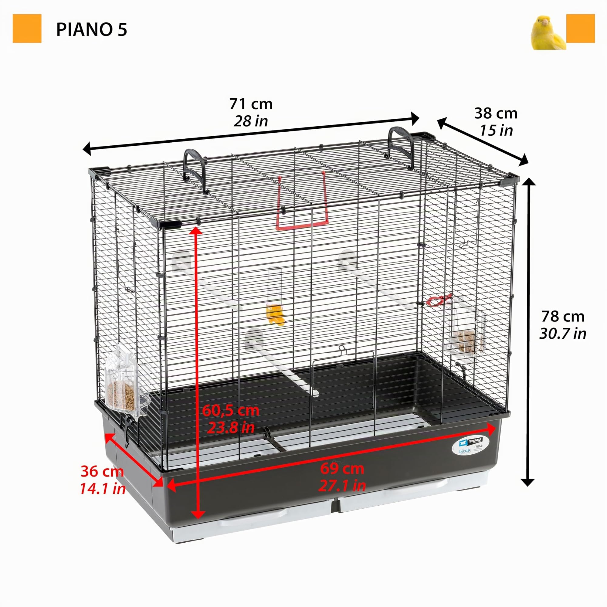 Ferplast Cage à Oiseaux, Canaris, Perruches et Autres Petits Oiseaux Piano 5, livrée avec Accessoires, 70 x 38 x h 62 cm