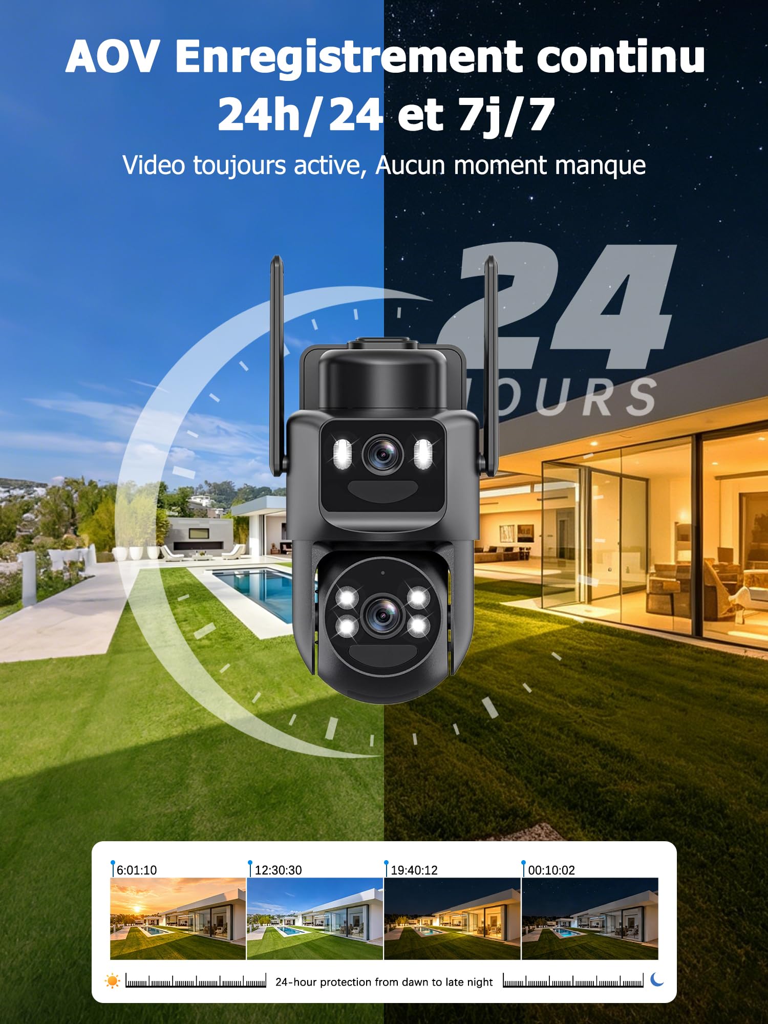 4K Camera Surveillance WiFi Exterieure sans Fil,AOV 24/7,Camera Solaire/Batterie 10000 mAh/Double Objectif,caméras de Surveillance Audio Bidirectionnel,360°PTZ Sécurité à Domicile,Suivi Automatique