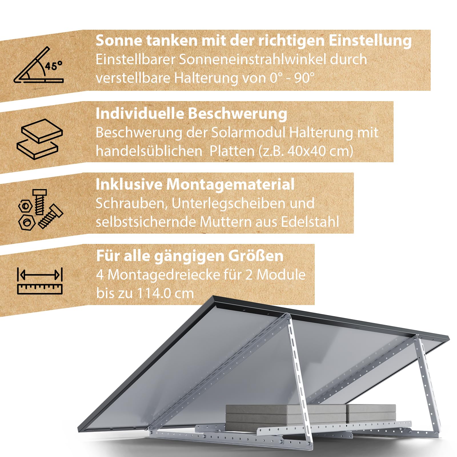 2 Sets Solarmodul Halterung zur Beschwerung - 0% MwSt│Halterung für Solarmodule bis zu 114.5 cm│Robuste Solarpanel Halterung│Einstellbarer Neigungswinkel 0° - 90°│Flachdach, Balkonkraftwerk, Wand