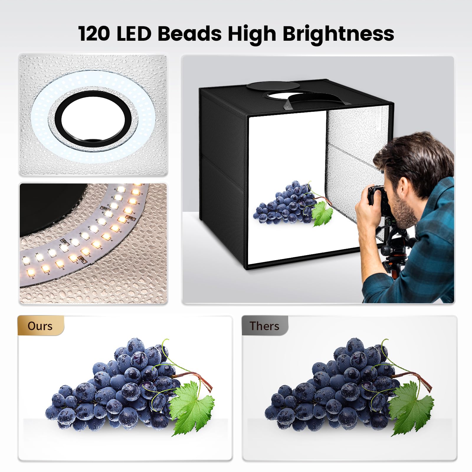 Sunowl Fotografia Luce Box per Studio Portatile, Luminosa per Studio con 120 Luci LED, kit Tenda da tiro portatile dimmerabile con 6 Sfondi Antipolvere CRI > 95 (30×30×30 CM)