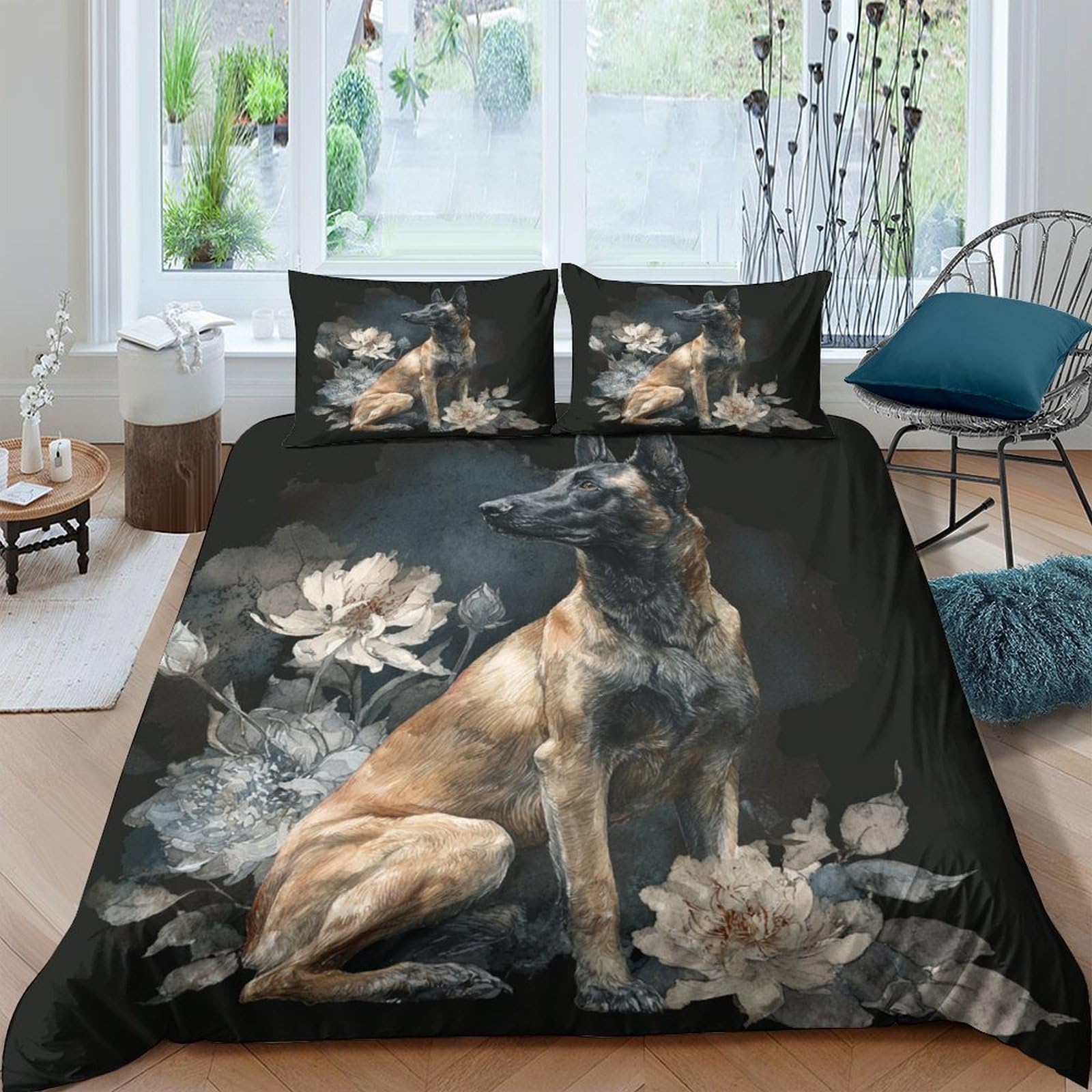 Ctjqhvkz Style-1 3D Printed German Shepherd Floral Fitted Sheet Microfiber Bed Cover Non Slip Machine Washable Bedroom Decor Single（135X200cm）