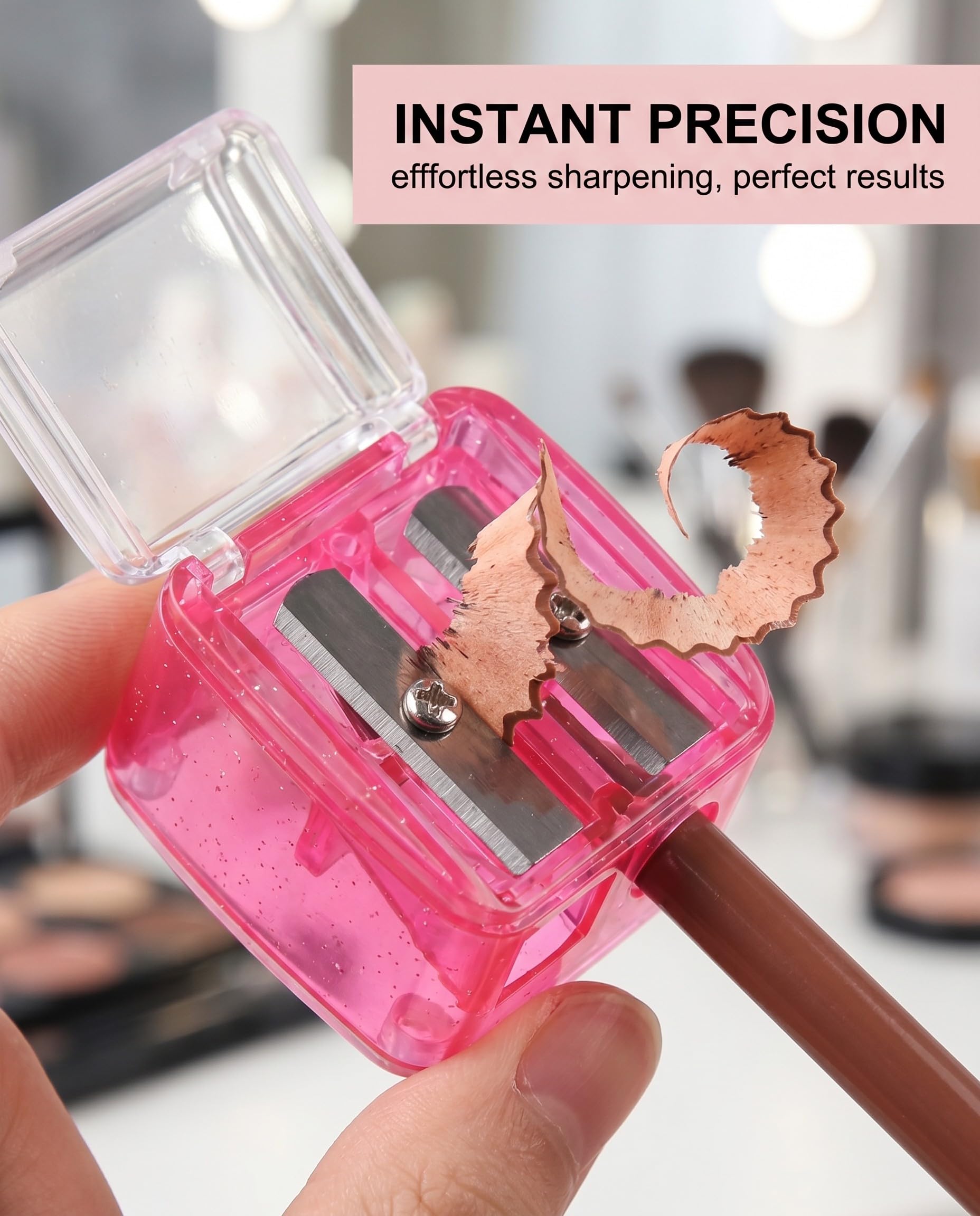 Temperamatite Trucco Universale 2 Pezzi Rosa, con Lame di Precisione per Matite Sopracciglia, Labbra, Eyeliner. Affilatura Perfetta, Ideale Viaggi.