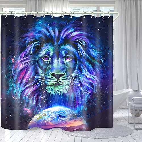 WODEJIA Juego de cortinas de ducha impermeables para accesorios de baño con estampado de león azul, hermosa cortina de inodoro de tela ancha para