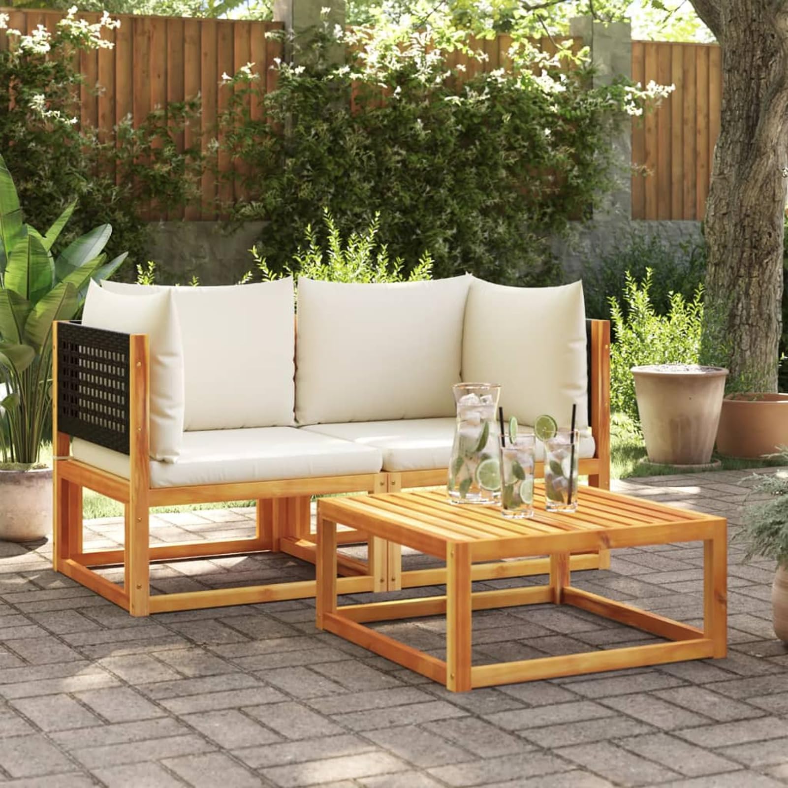 Gecheer Sofás esquineros de jardín, exterior, par, terraza, salón de jardín, salón de exterior, con cojines de 2 unidades, madera maciza de acacia R3070