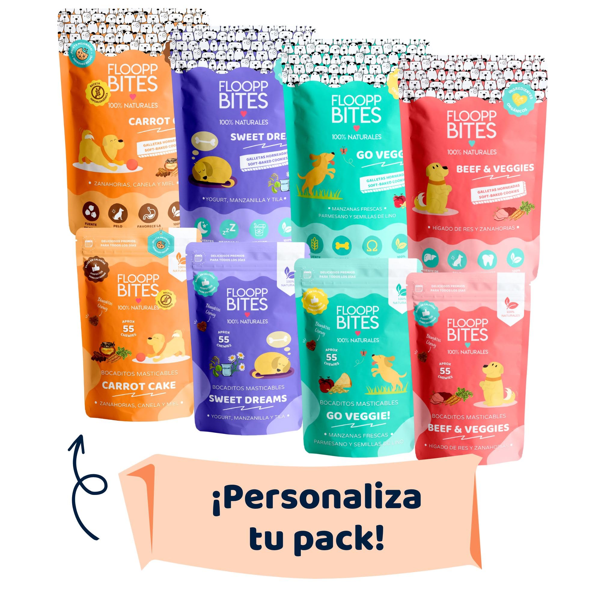 FlooppBITES Chuches para Perros - Pack Personalizable - Galletas y Soft Snacks Perro 100% Naturales - Premios y golosinas - Alimento complementario Perros - 350gr