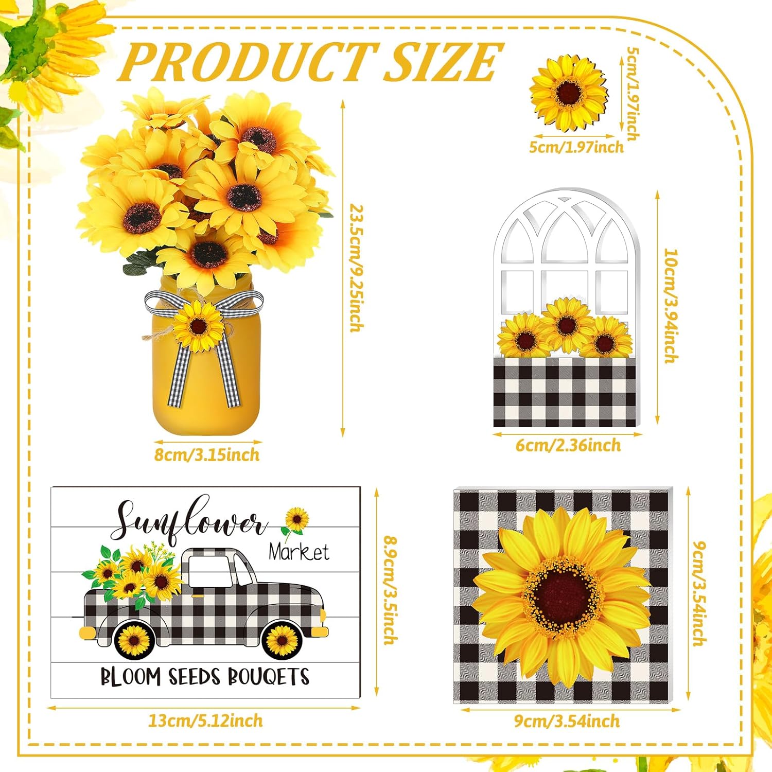 12 Sets Sunflower Mason Jar Centerpiece for Table Summer Sunflower Decor with Artificial Flowers Farmhouse Wooden Table Centerpieces Rustic Tiered Tray Decor for Home Wedding Kitchen Dining Decoration