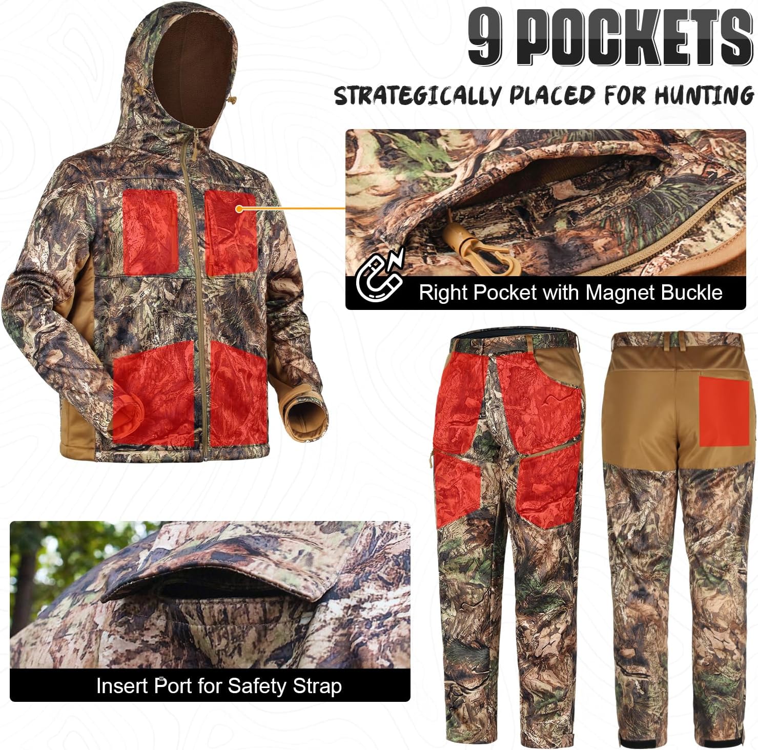 Hunting Clothes for Men with Fleece Lining, Silent Hunting Jacket and Pants