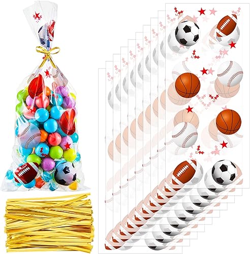 Miniatura 1 de Outus 100 bolsas deportivas para dulces de fútbol, béisbol, baloncesto, fiesta, bolsas de celofán con 100 lazos dorados para fiestas temáticas