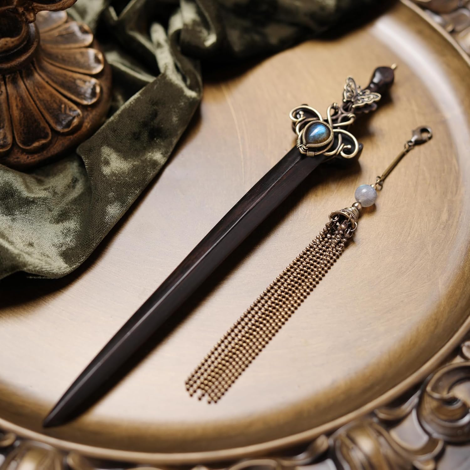 Sword Antique Brass Wire Wrapped Labradorite Ebony Hair Sticks for Buns (Hair Stick & Tassel)