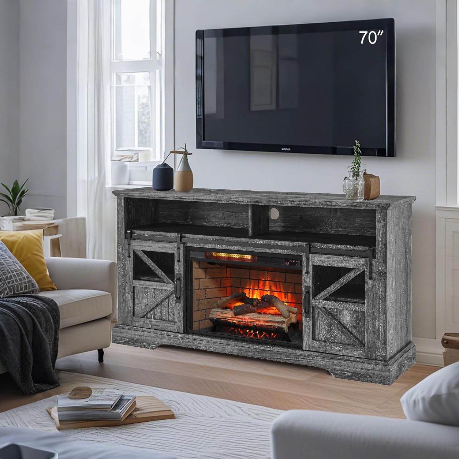 Fireplace TV Stand with Auto-Power-Off Door Sensor, Farmhouse 70" TV Console, Media Entertainment Center with Sliding Barn Door, Adjustable Shelves, Fireplace Heater, Reclaimed Barnwood