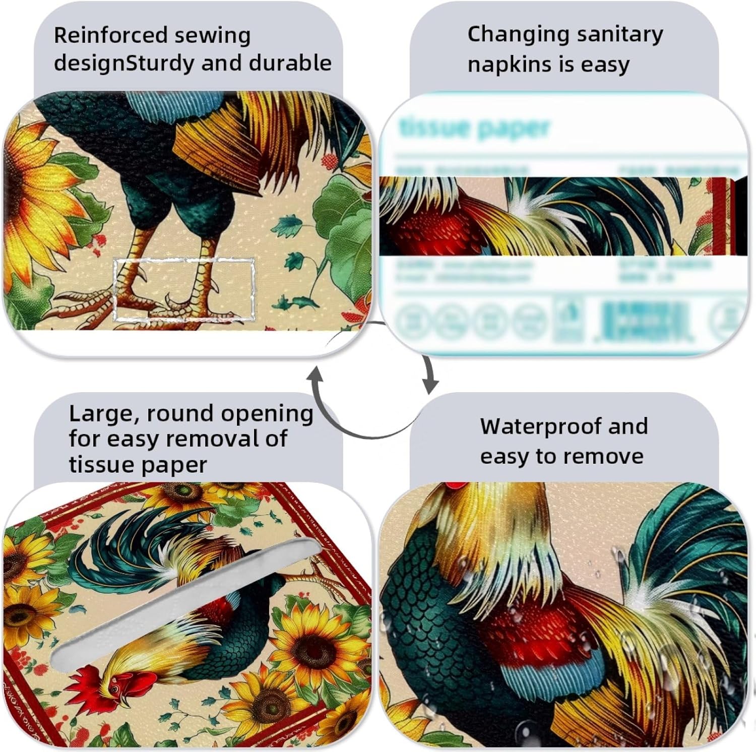 Rooster Sunflowers Tissue Box Cover Square Leather Tissue Case Holder Facial Paper Organizer Decorative for Tabletop Night Stands Desk Bathroom Kitchen Car Office Home Decor