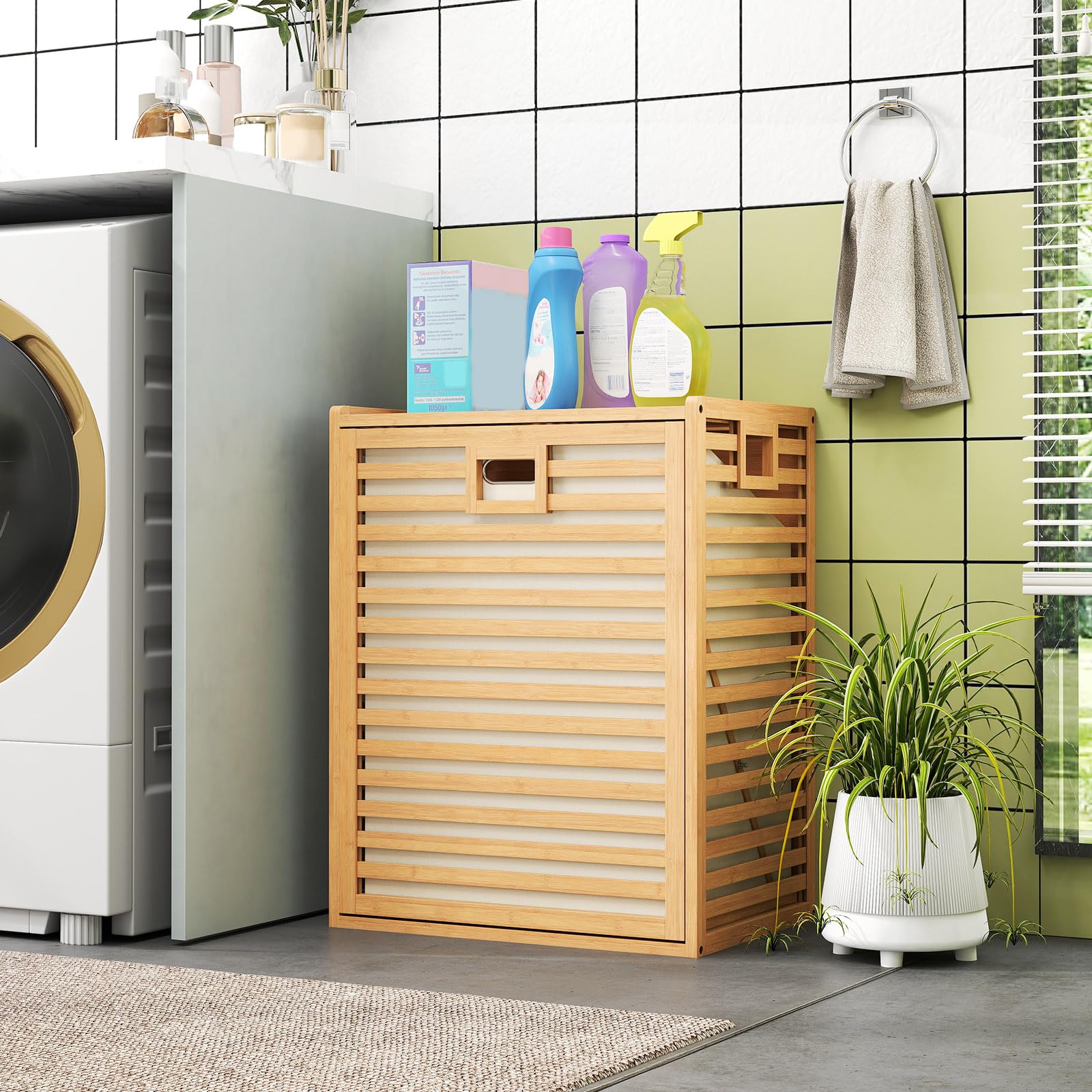 GIANTEX Armario de Lavandería de Bambú, Cesto para Colada de Tela Extraíble, 50 x 35 x 64 cm, Armario para Ropa Sucia con Asa, Mueble Organizador para Baño, Lavandería