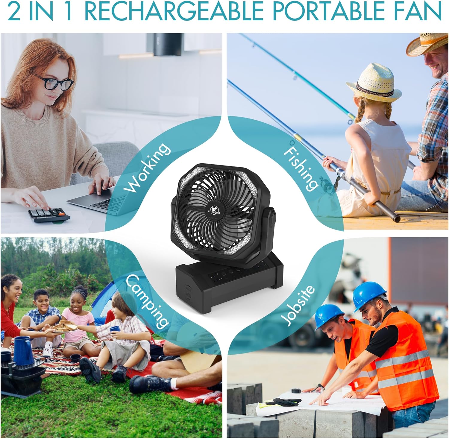 KITWLEMEN Camping Fan with Light - 20000mAh Rechargeable Battery Fan, 60Hrs Max Run Time, 4 Speeds, Timer, Auto Oscillation, 270° Pivot & Hook for Camping, Power Outage, Hurricane - Image 8