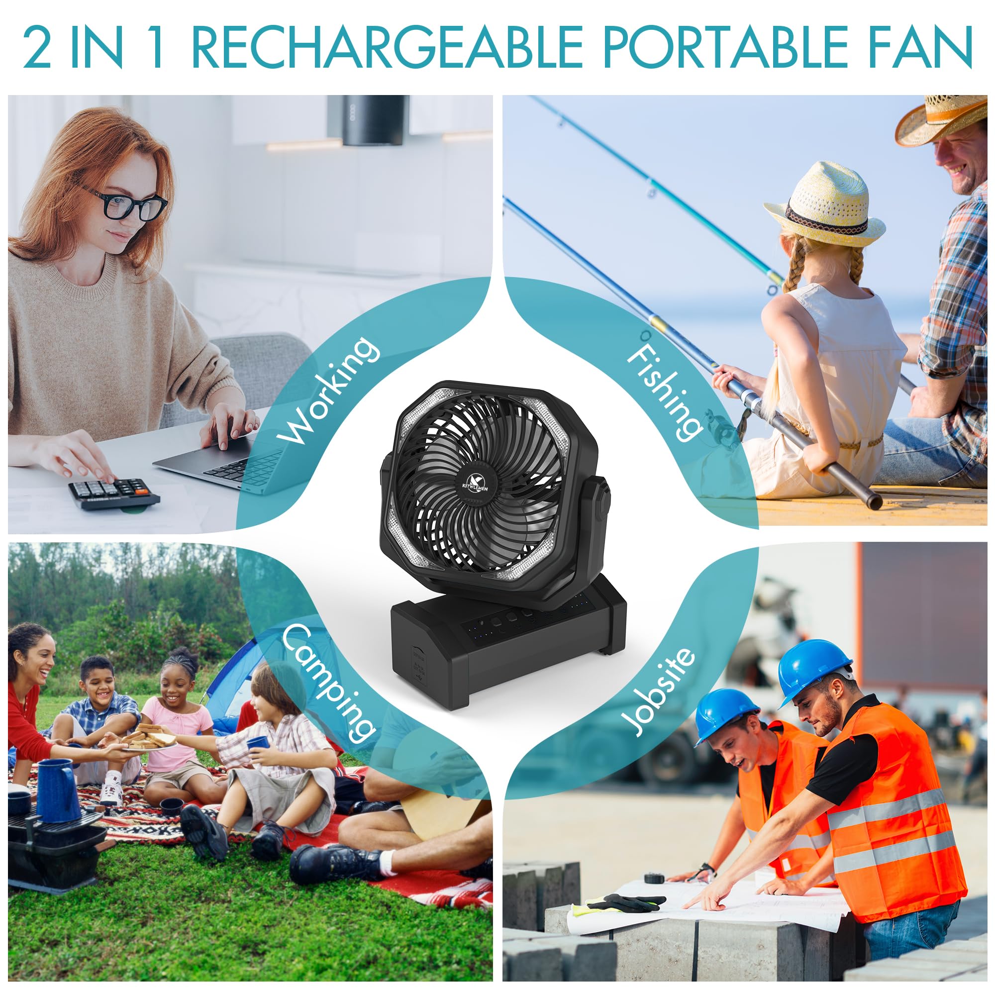 Ventilatore da campeggio 20000mAh con luce LED, ventilatore da tavolo auto-oscillante con telecomando e gancio, ventilatore da tenda con batteria ricaricabile, ventilatore da campeggio USB - Nero