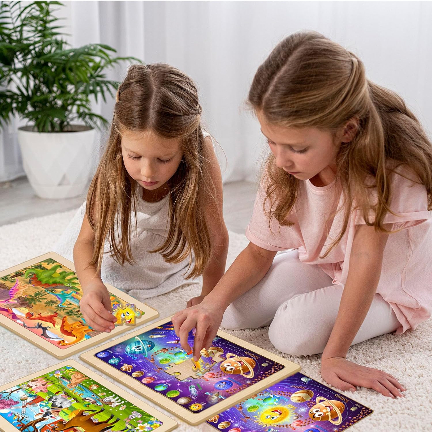 Puzzles for Kids Ages 4-6, 24 Pcs Wooden Jigsaw Puzzles for Toddlers 3-8, 4 Pack Educational STEM Learning Toys, Dinosaur, Solar System, Farm & Zoo Animals Gift for Boys and Girls