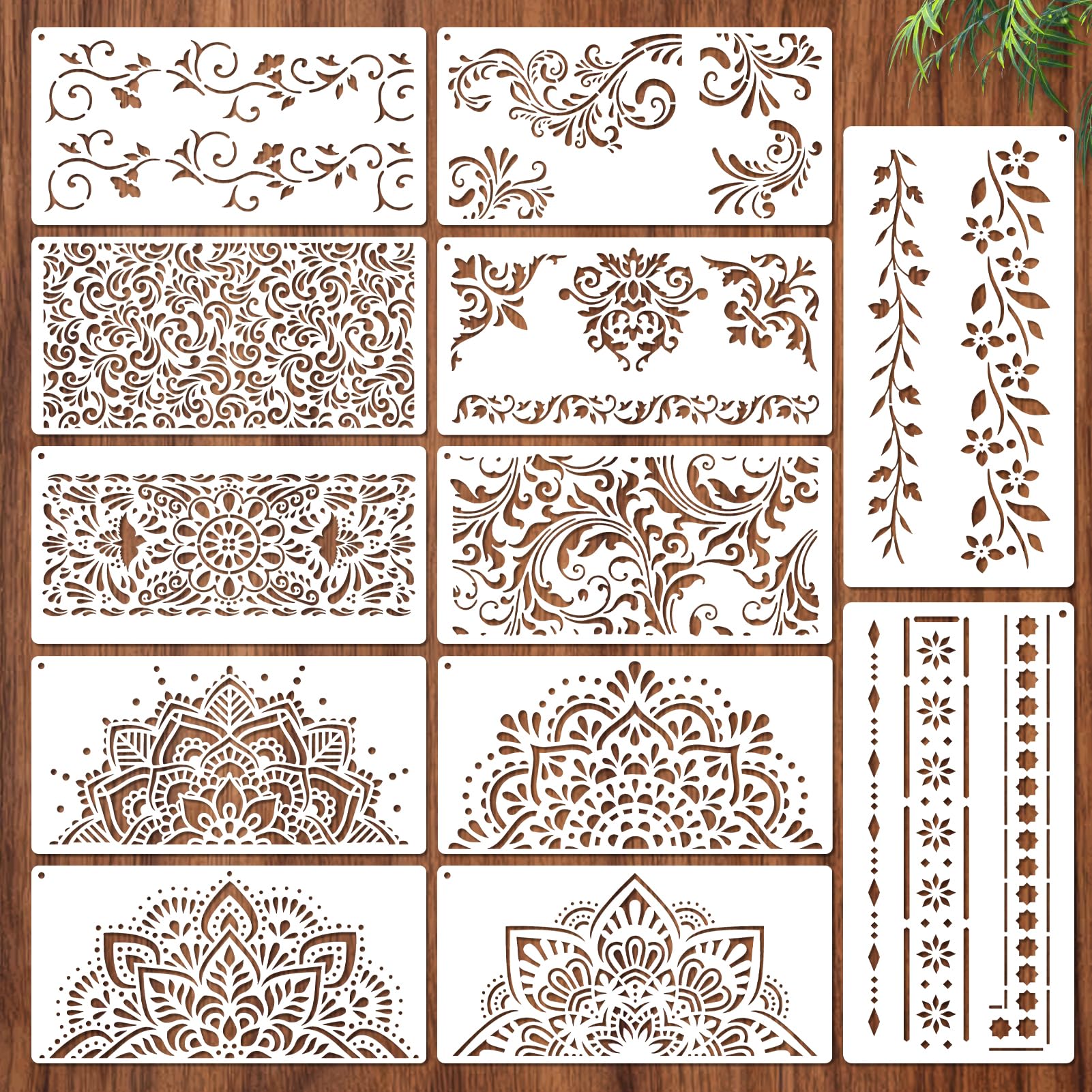 MWOOT 12 Pcs Floral Border Corner Stencil for Painting,Large Stencils for Crafts Reusable,Flower Stencils,Floral Plastic Paint Drawing Templates for Wall Tile Furniture Wood Home Decoration(30x15 CM)