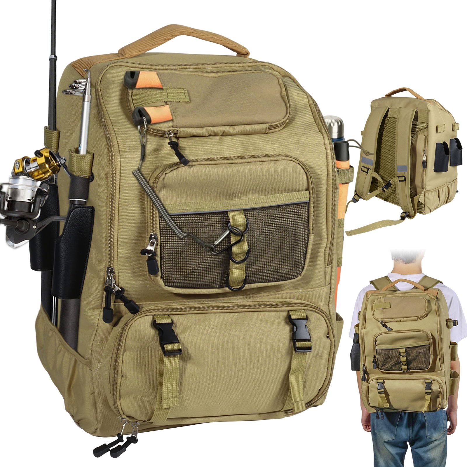 40L Angelrucksack Mit Angelrutenhalter, Wasserdichtes Oxford-Gewebe Angeltasche, Multifunktional Angel Rucksack für Angeln, Jagen und Wandern Verwendet.