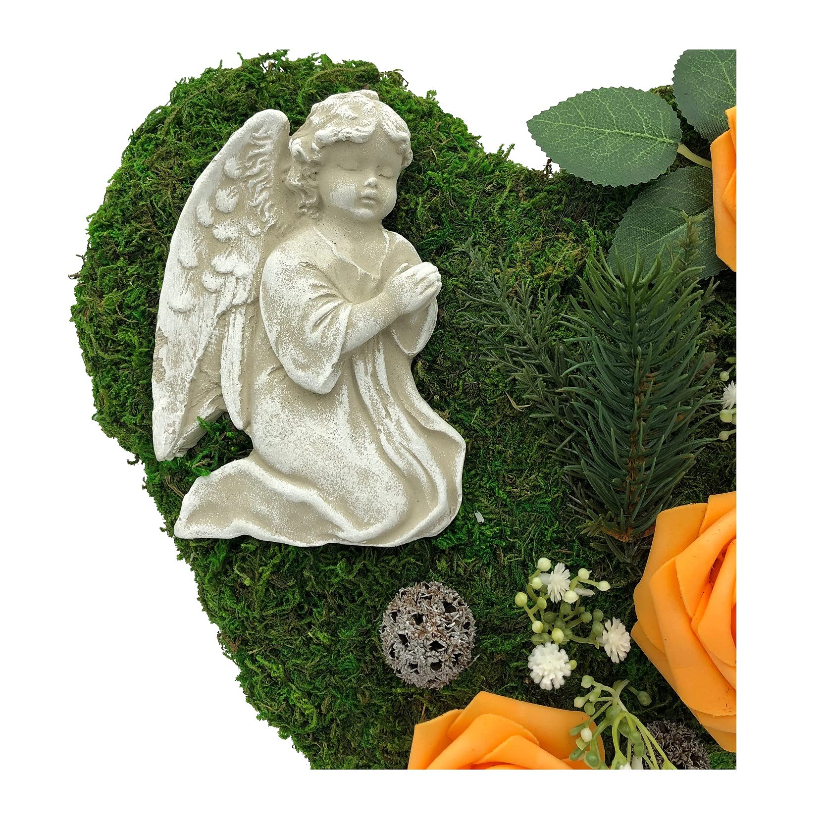 Radami Grabgesteck Grabschmuck Grabaufleger Moosherz Grabherz Trauerherz Grab Herz Gesteck Rosen mit Engel (Rosen Orange)
