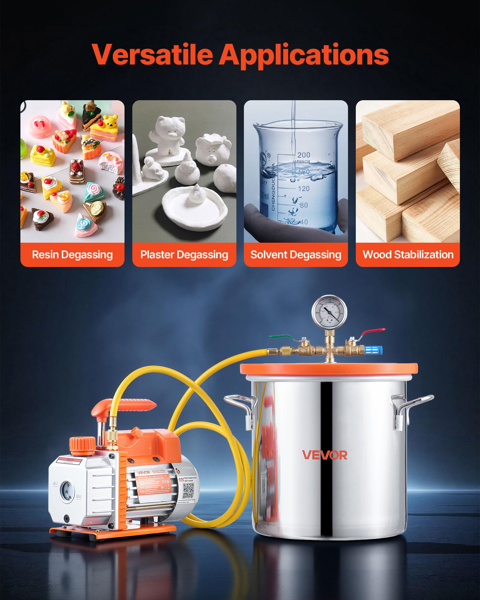 VEVOR Vakuumpumpe mit 11,4 L Vakuumkammer, 3,5 CFM 99 L/min, 1-stufige Unterdruckpumpe 180 W, Vacuum Pump Kit, 1,5 m Schlauch, zur Stabilisierung von Holz und Entgasung von Silikonharz