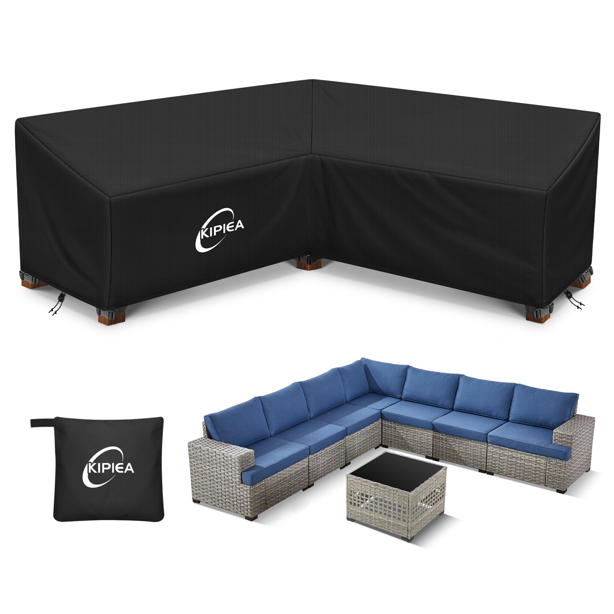 Kipiea V-Shape Outdoor Patio Furniture Covers Waterproof, 500D Heavy-Duty Outdoor Sectional Cover Windproof, Patio Sectional Sofa Cover Anti-UV, No Tears &amp; No Fading (120"/120"L x 33.5"D x 31"H)