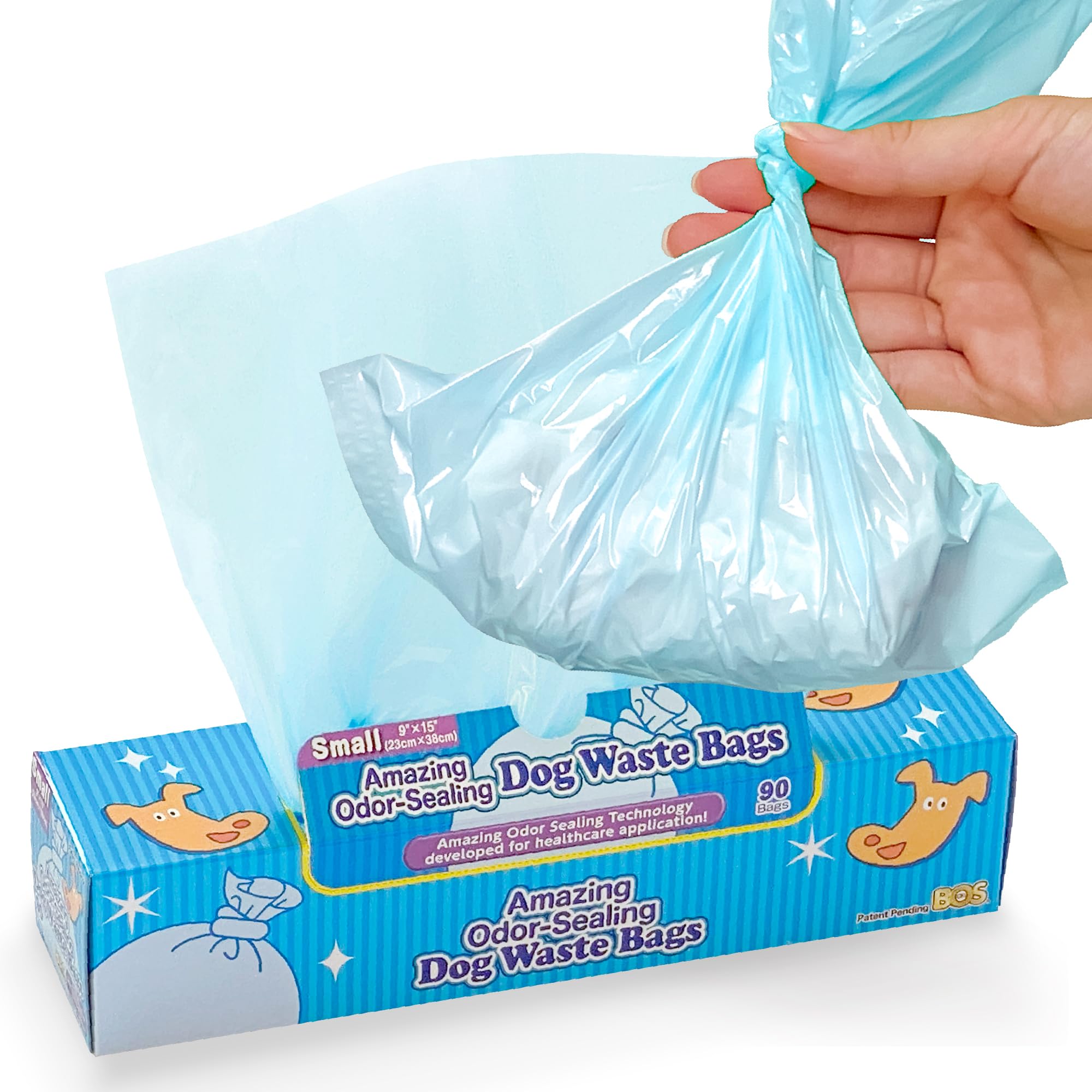 BOS Amazing Olor Sellado Perro Poop Bolsas – Duraderas y sin perfume (90 bolsas) [Tamaño: S, Color: azul claro] – Nuevo paquete de diseño de cachorros