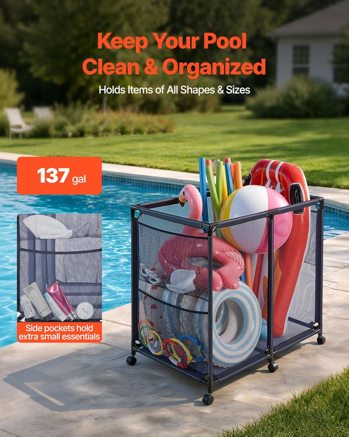 VEVOR Pool Storage Bin, 36.8 x 24 x 35.6 in, Rolling Pool Float Storage Organizer with Side Pockets & Casters, Heavy Duty Metal Frame, Poolside Toys Noodles Holder Mesh Basket for Swimming Pools